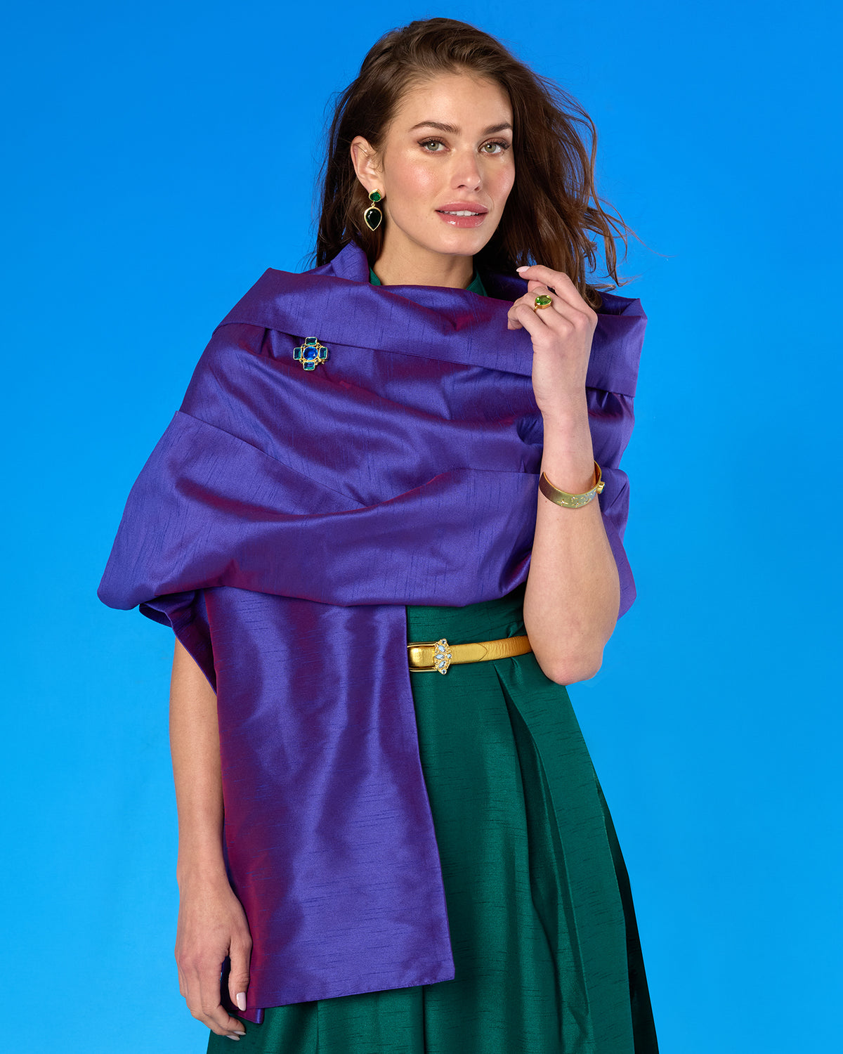 Isabella Cap-Sleeve Gown in Emerald Green worn with the Valentina Shawl