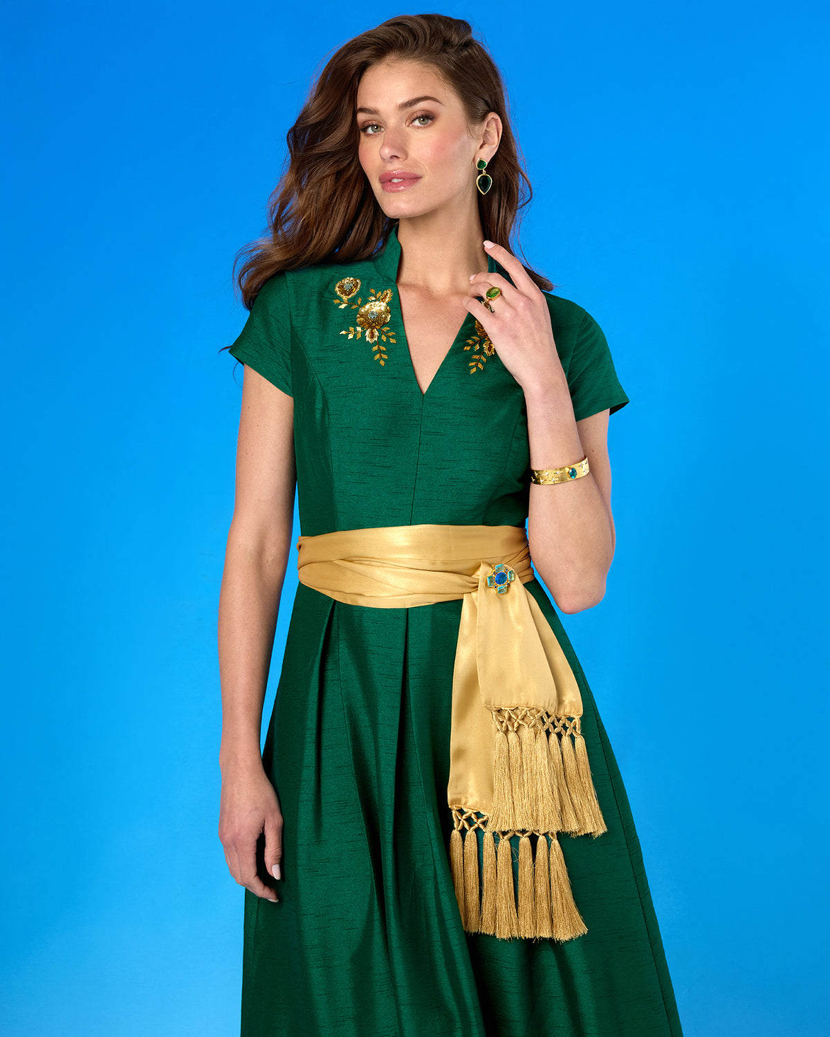 Isabella Cap-Sleeve Gown in Emerald Green closer view