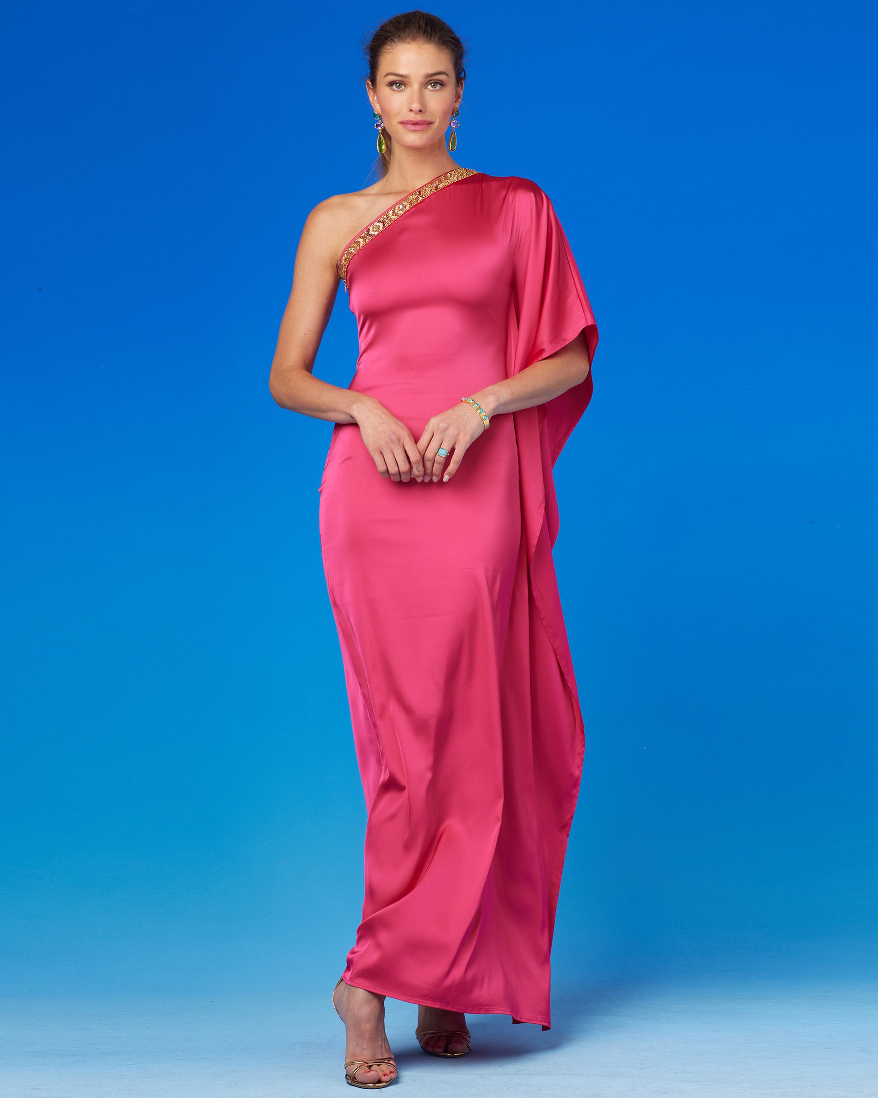Isadora One Shoulder Fitted Maxi Dress with Embellishment-Front View
