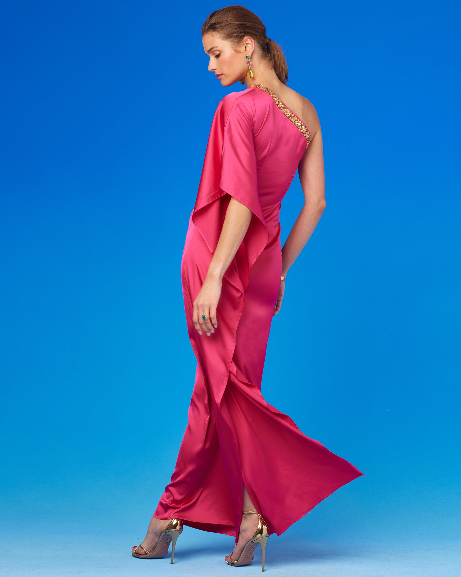 Isadora One Shoulder Fitted Maxi Dress with Embellishment-Back View