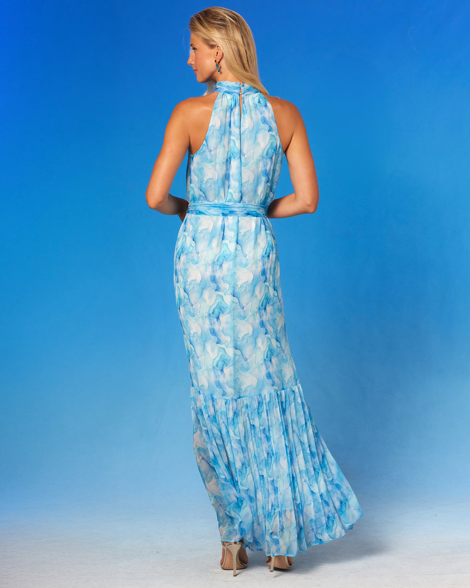 Isla Chiffon Halterneck Maxi Dress in Sea Swirl Blues back view