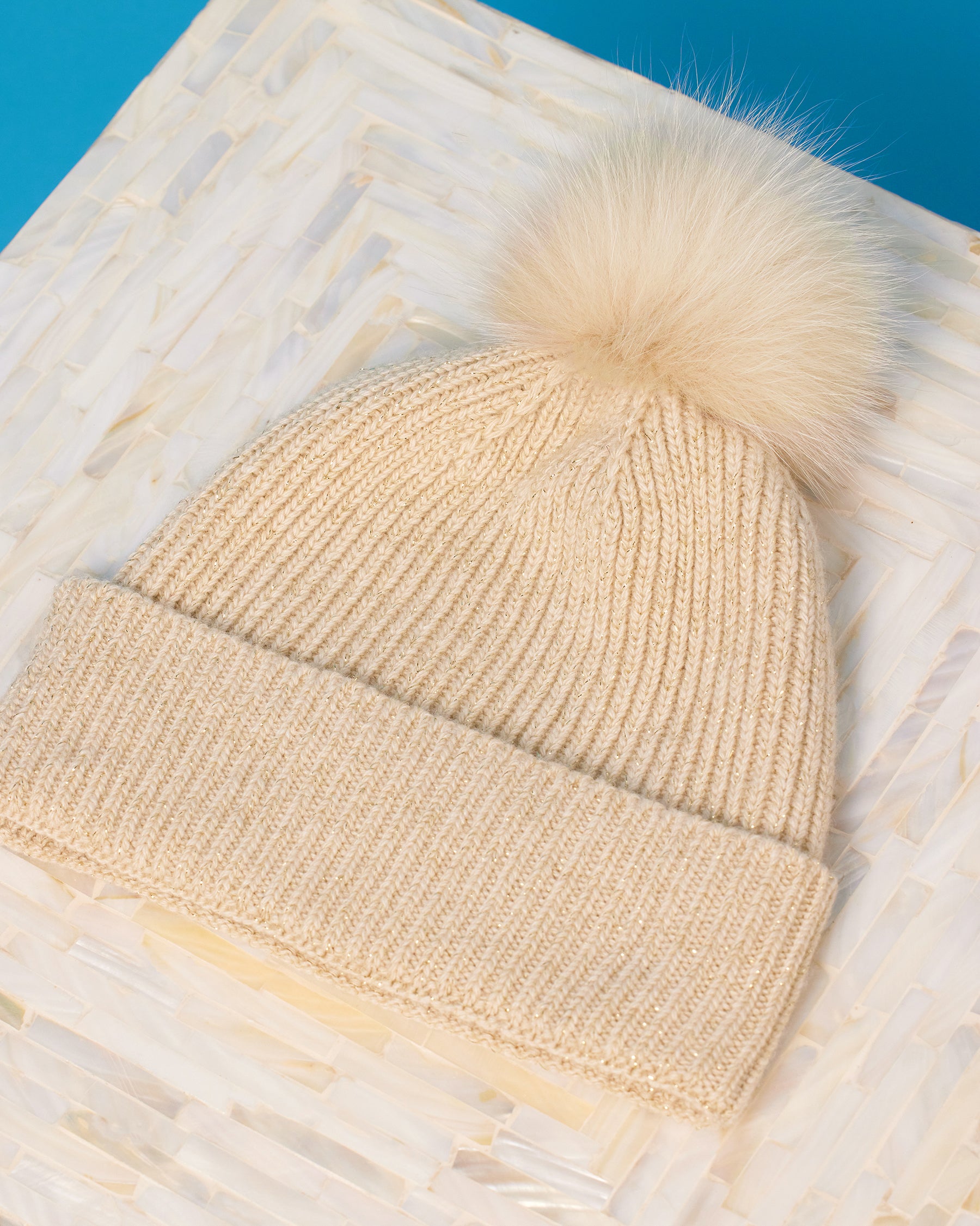 Ella Cashmere Blend Hat in Gold Shimmer Sand and Fox Fur Pom Pom