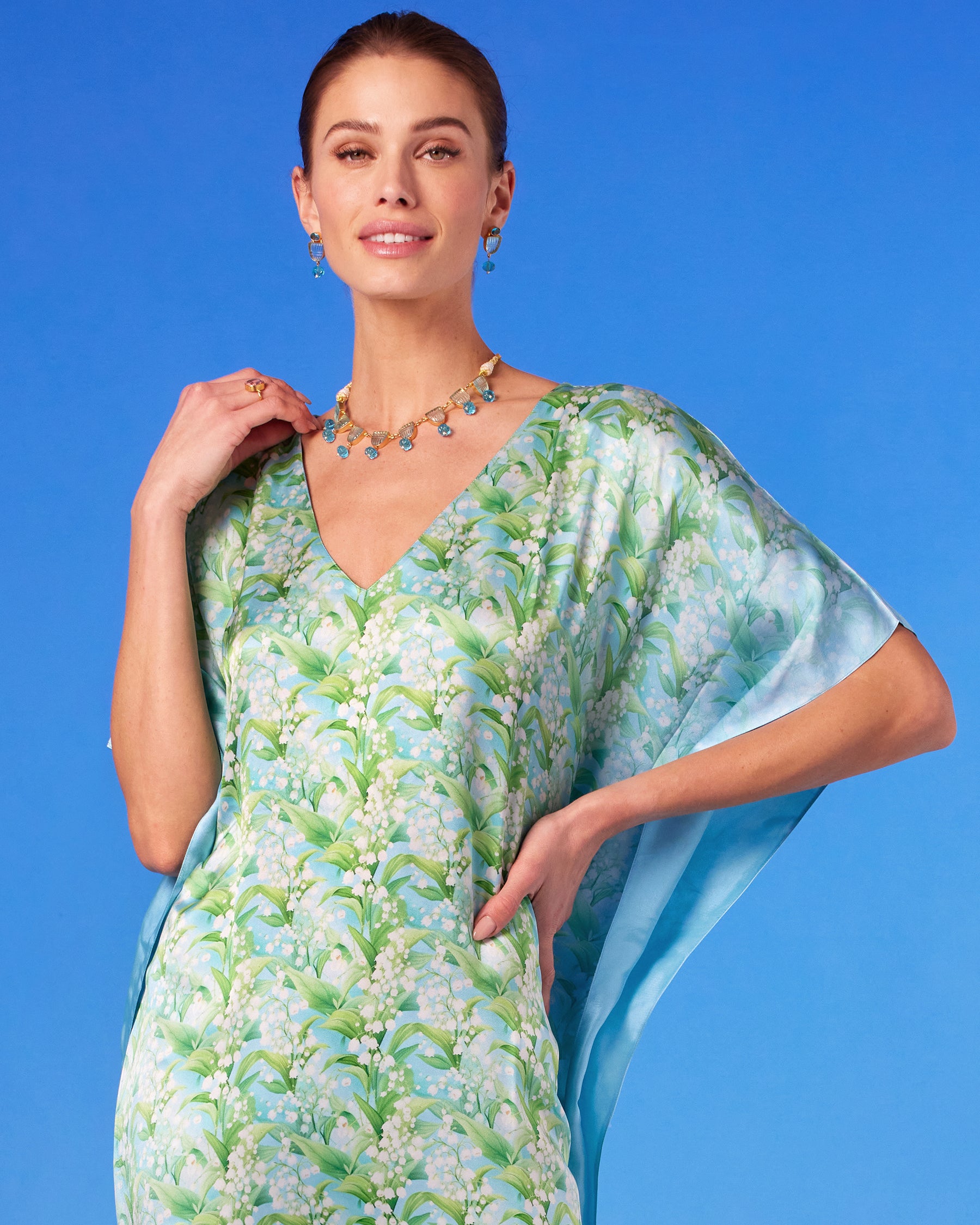 Preston Crest Necklace in Aquamarine Blues worn with the Julia Silk Kaftan in Lilies of the Valley