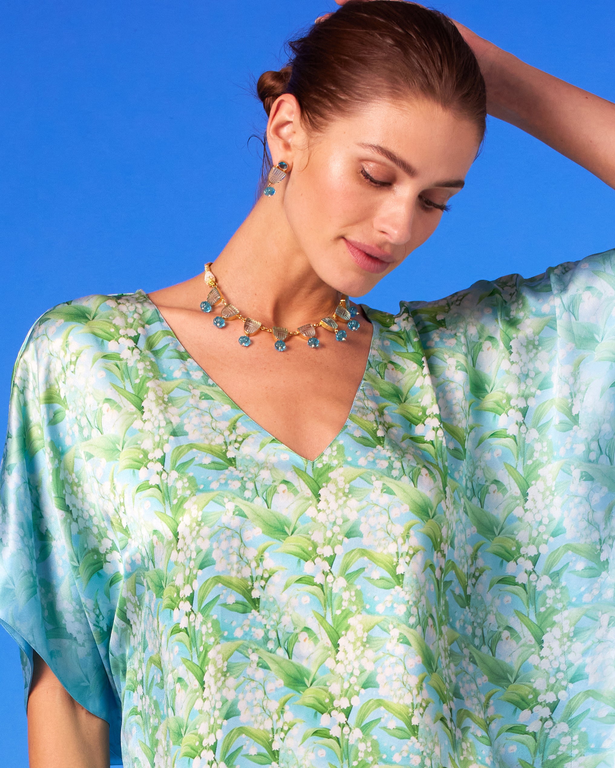 Preston Crest Earrings in Aquamarine Blues worn with the Julia Silk Kaftan in Lilies of the Valley