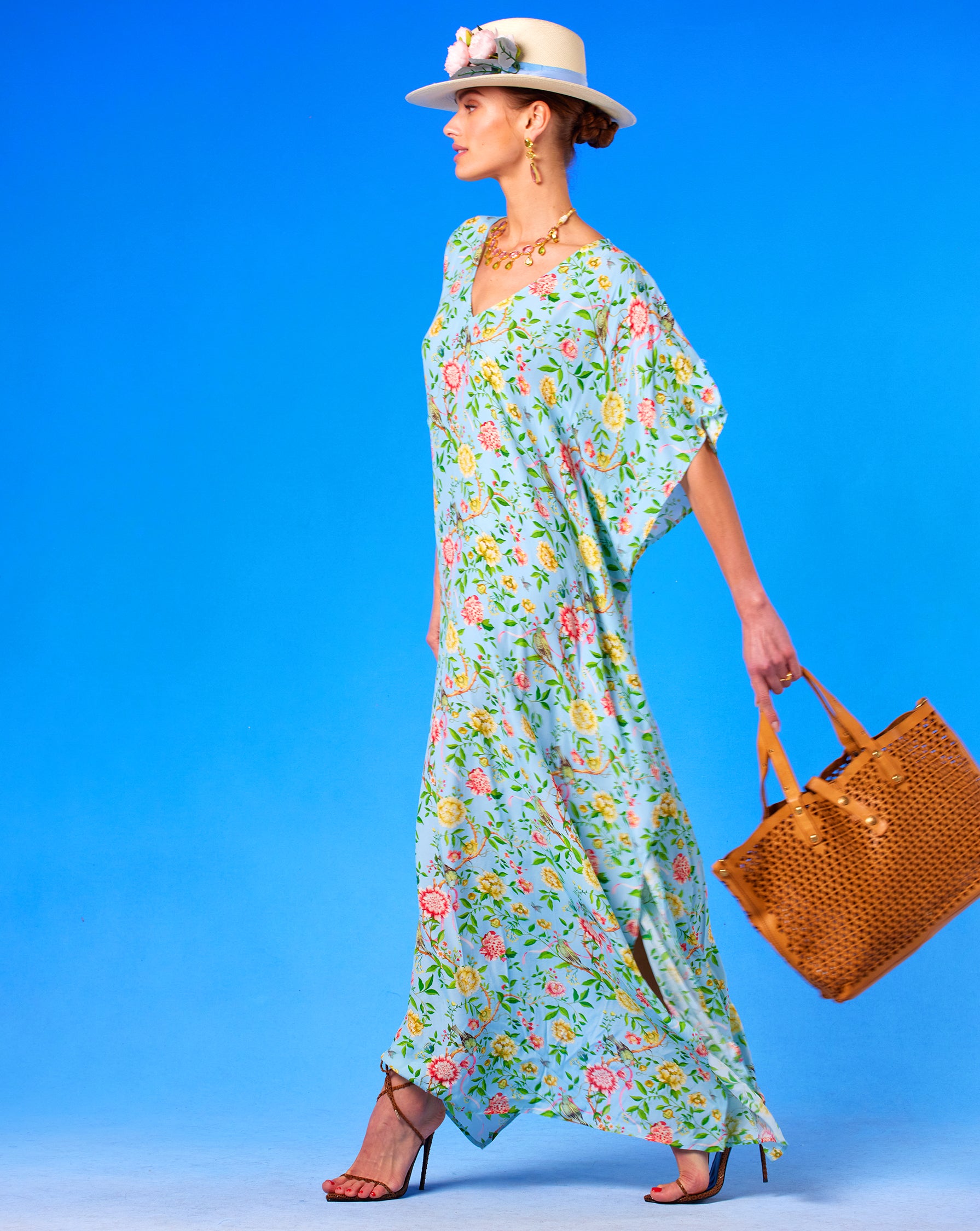 Kallista Kaftan in Antibes Florals side view walking