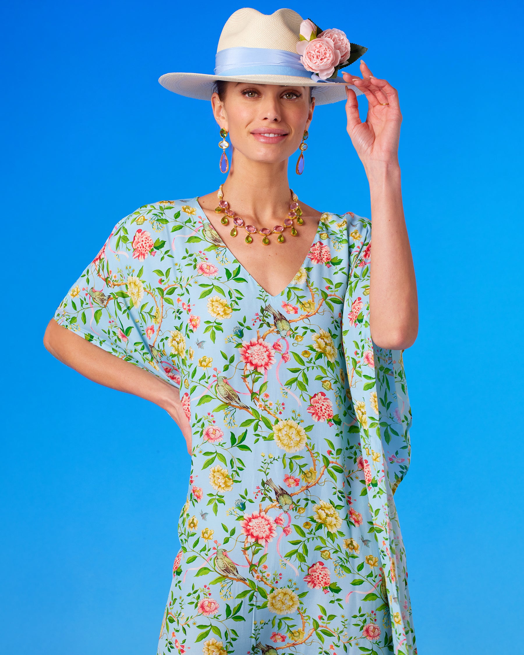 The Pippa Panama Straw Hat worn with the Kallista Kaftan in Antibes Florals