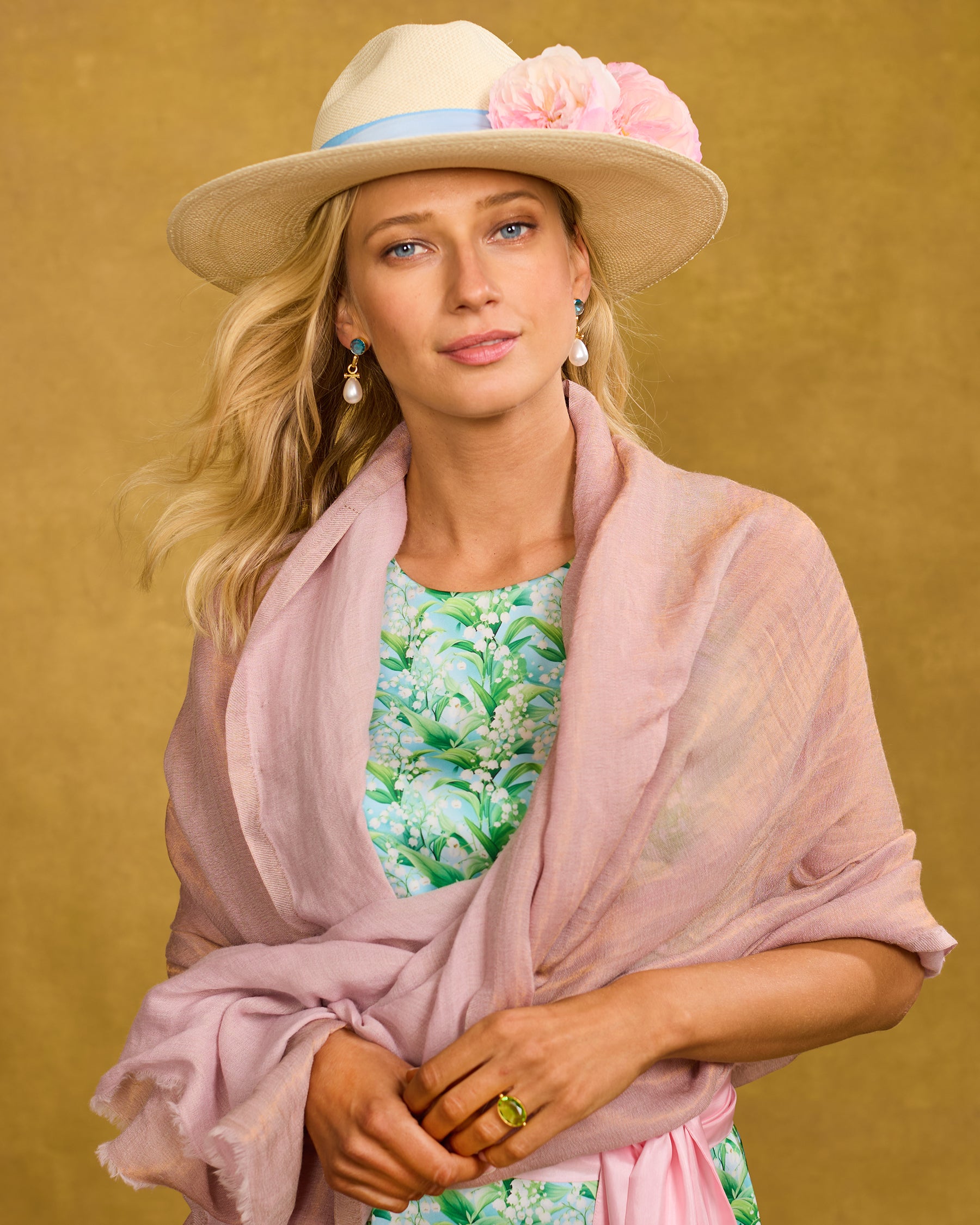 Bettina Ring in Crystal Moss Green worn with the Kate Shift Dress in Lily of the Valley