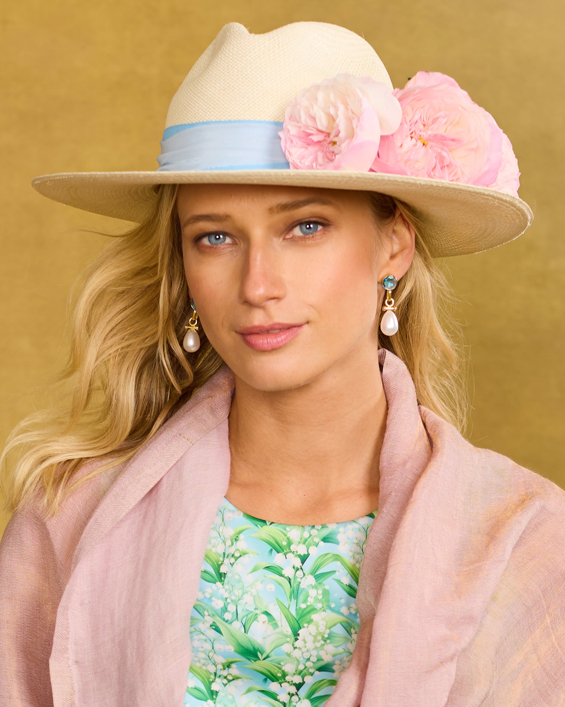 Inez Pearl Pendant Earrings in Aquamarine Crystal