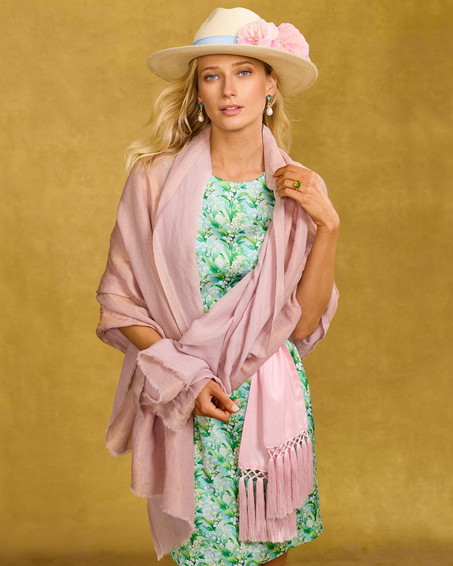 Josephine Reversible Pashmina Shawl in Gold Shimmer Blush Pink worn with the Kate Shift Dress in Lily of the Valley