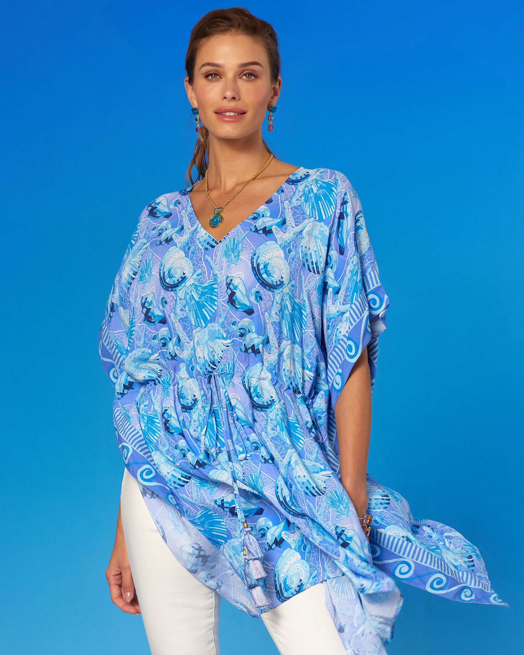 Kea Short Kaftan Coverup Dress in Bardot Seashell Pop closer
