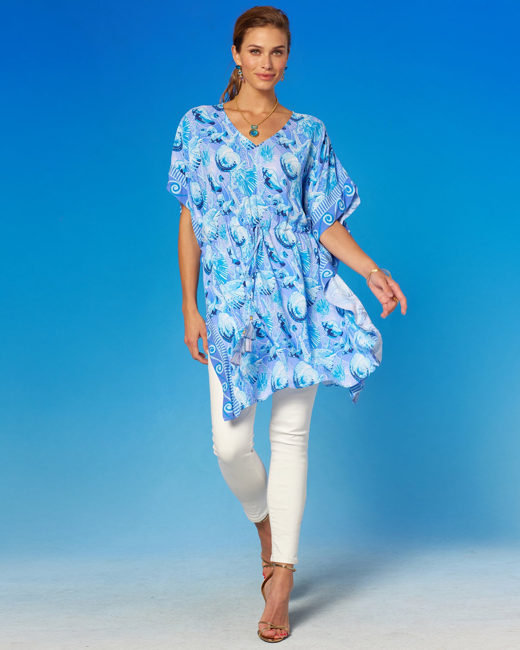 Kea Short Kaftan Coverup Dress in Bardot Seashell Pop walking