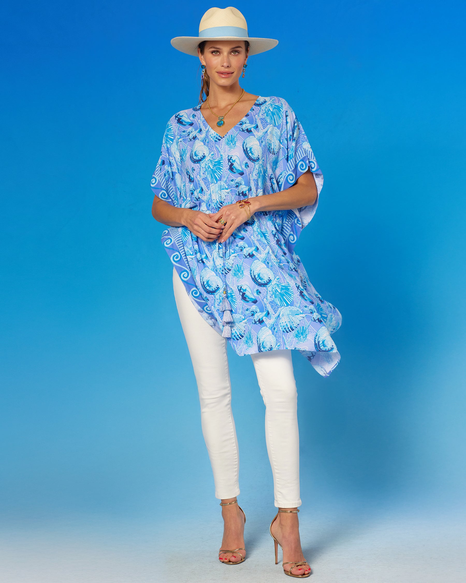 Kea Short Kaftan Coverup Dress in Bardot Seashell Pop front view