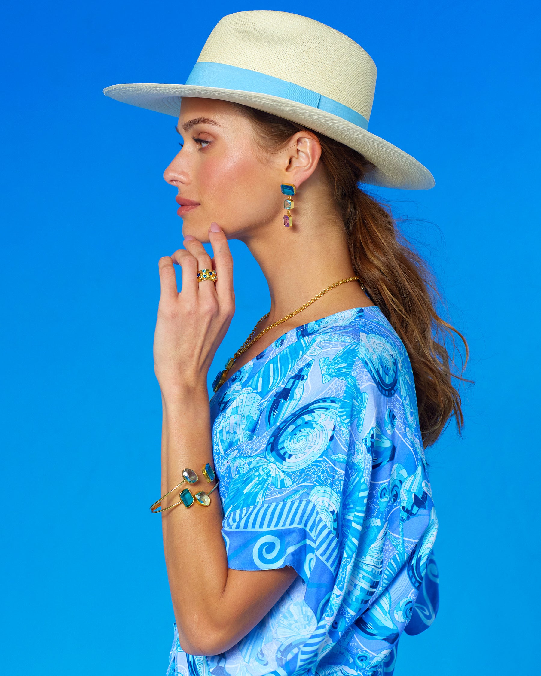 Kea Short Kaftan Coverup Dress in Bardot Seashell Pop portrait profile view