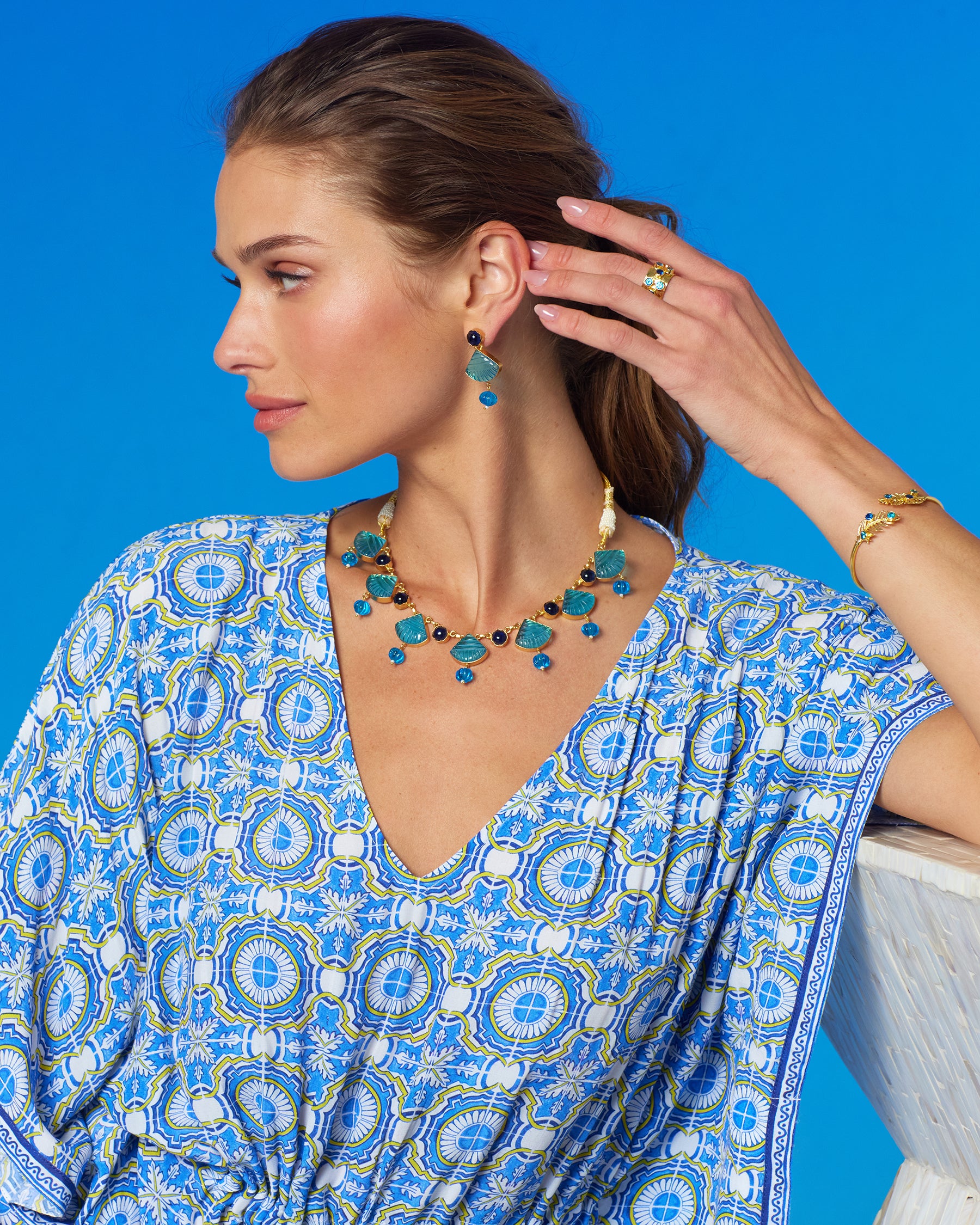 Bexley Fan Necklace in Mediterranean Blues worn with the Kea Short Kaftan Coverup Dress in Azulejos Porcelain Print