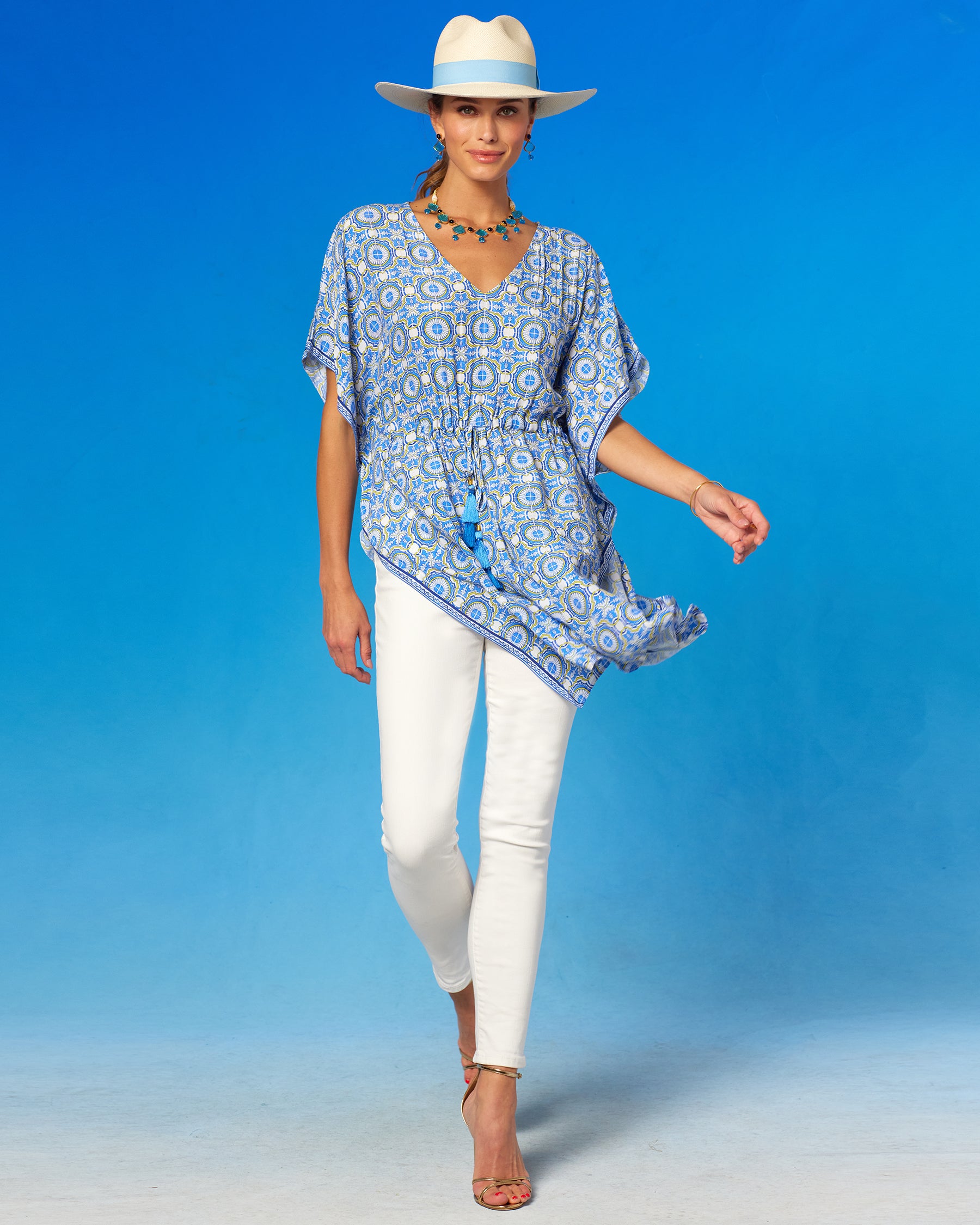 Kea Short Kaftan Coverup Dress in Azulejos Porcelain Print worn with the Katherine Slim White Jeans