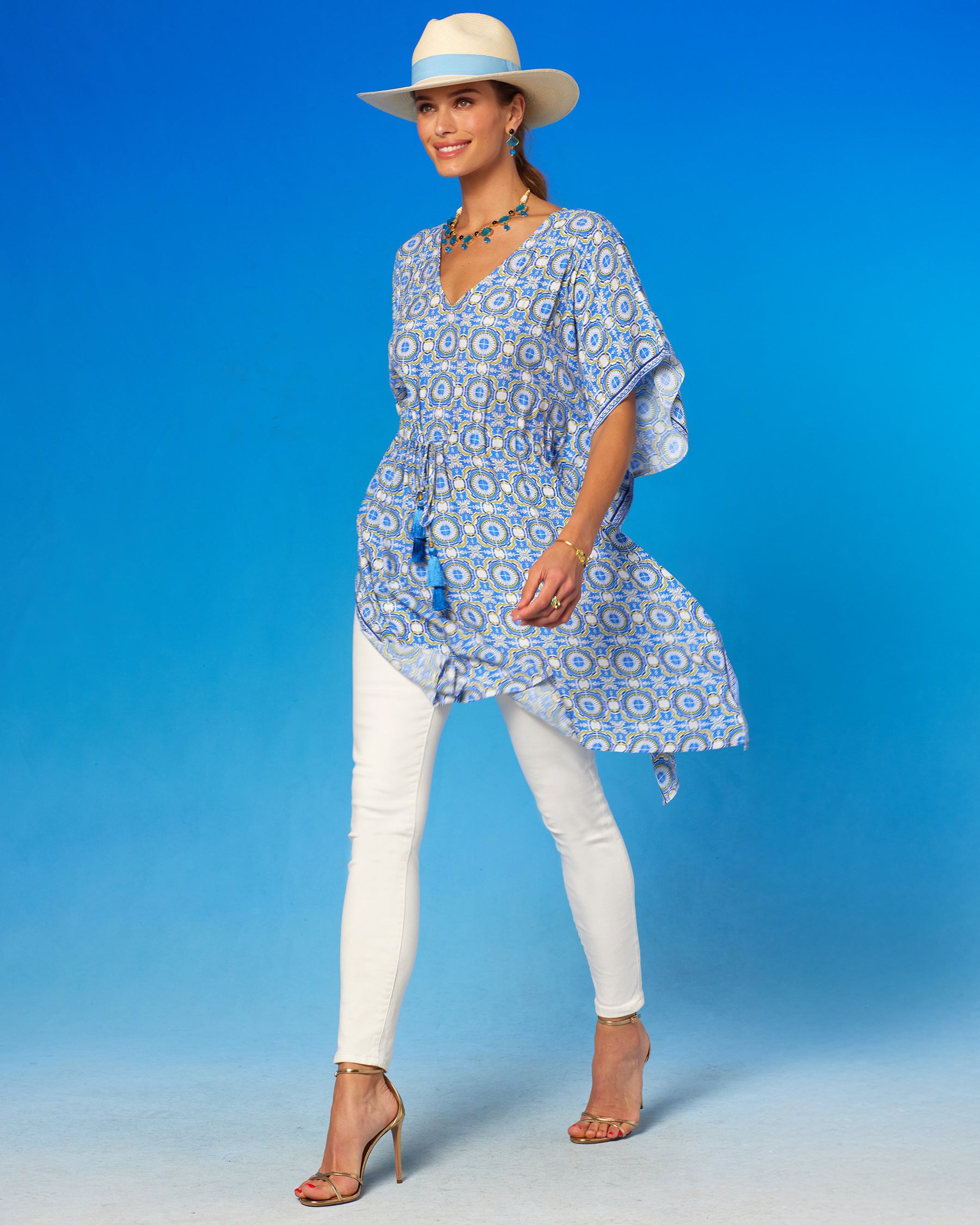 Kea Short Kaftan Coverup Dress in Azulejos Porcelain Print side view walking