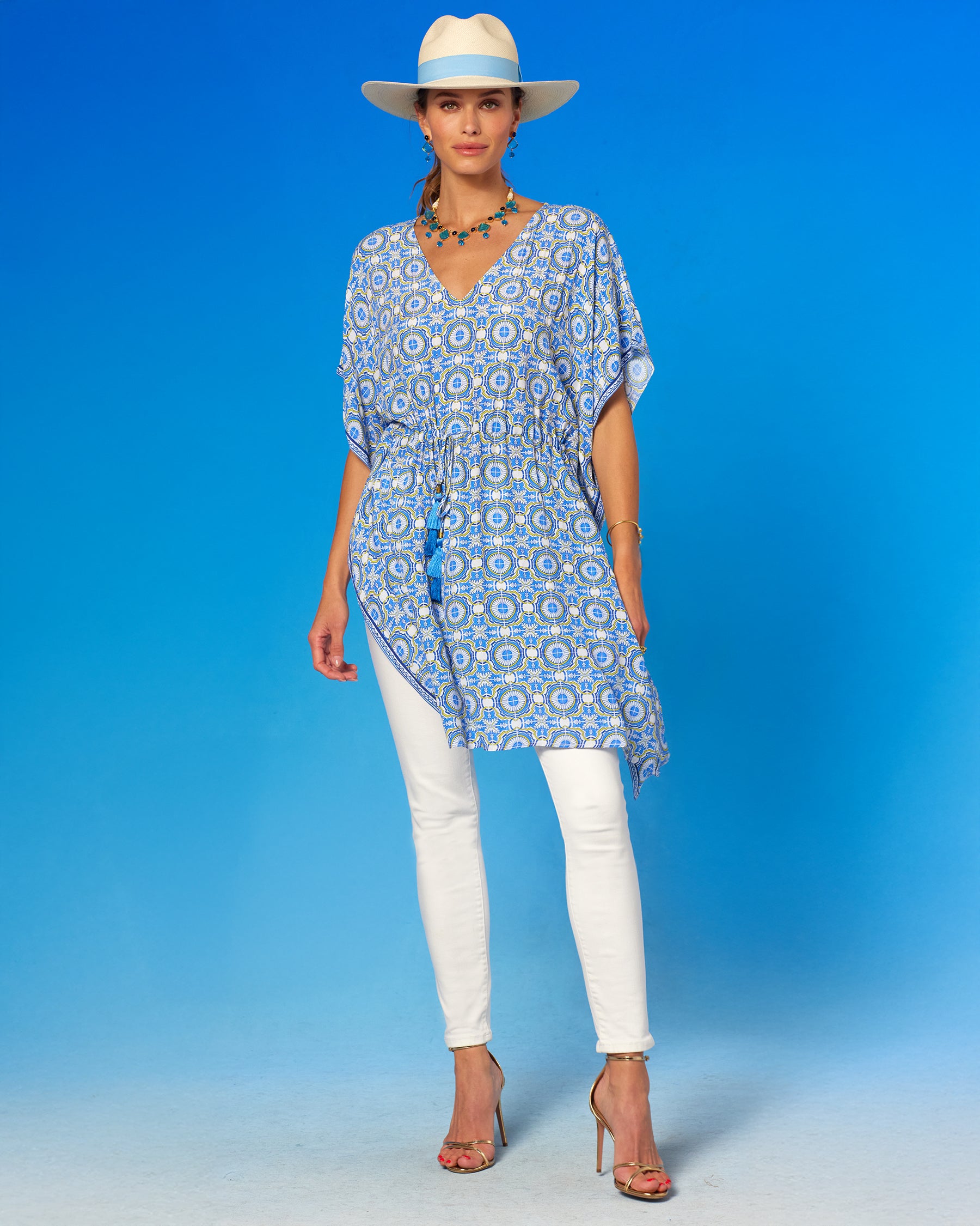 Kea Short Kaftan Coverup Dress in Azulejos Porcelain Print