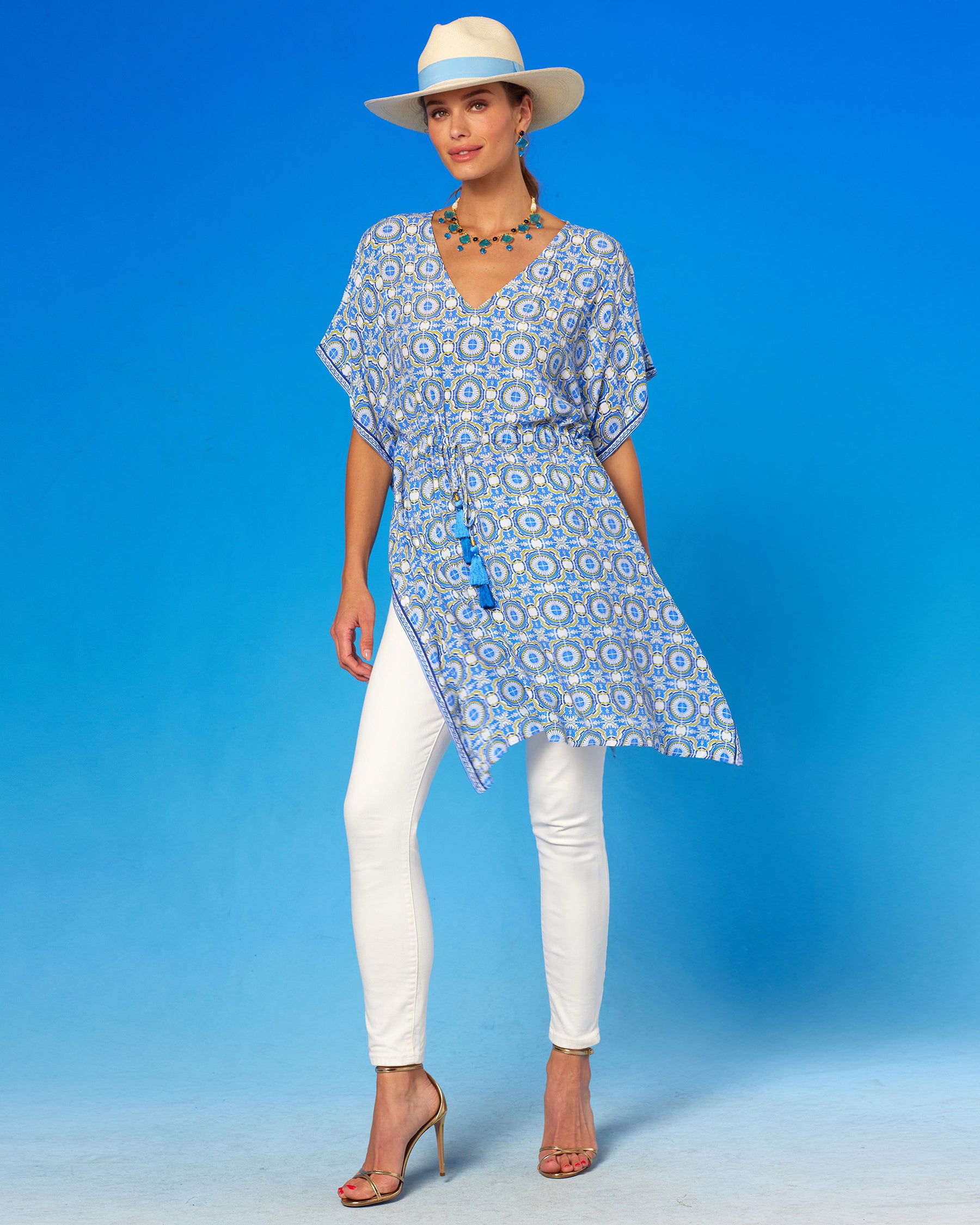 Pippa Panama Straw Hat worn with the Kea Short Kaftan Coverup Dress in Azulejos Porcelain Print