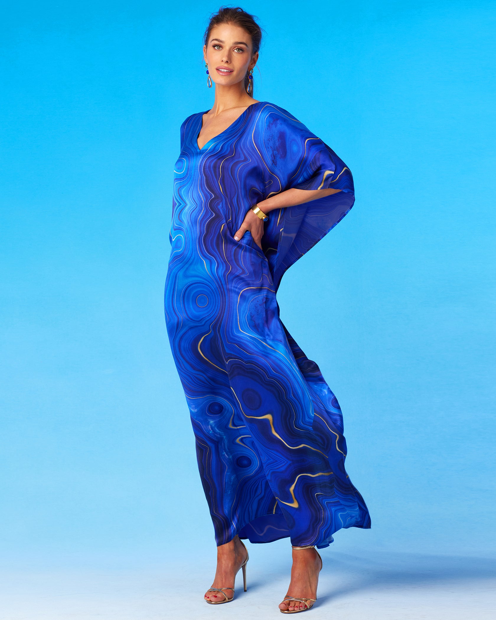Lavinia Silk Kaftan in Lapis Lazuli Blue-Another Front View