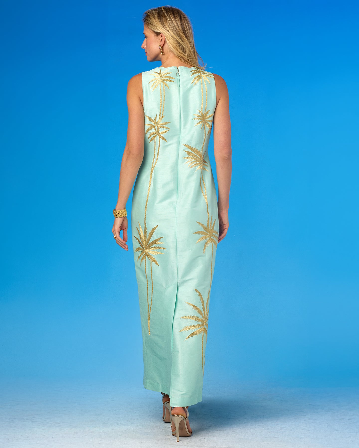 Whitney Long Sheath Dress with Palm Embroidery back view