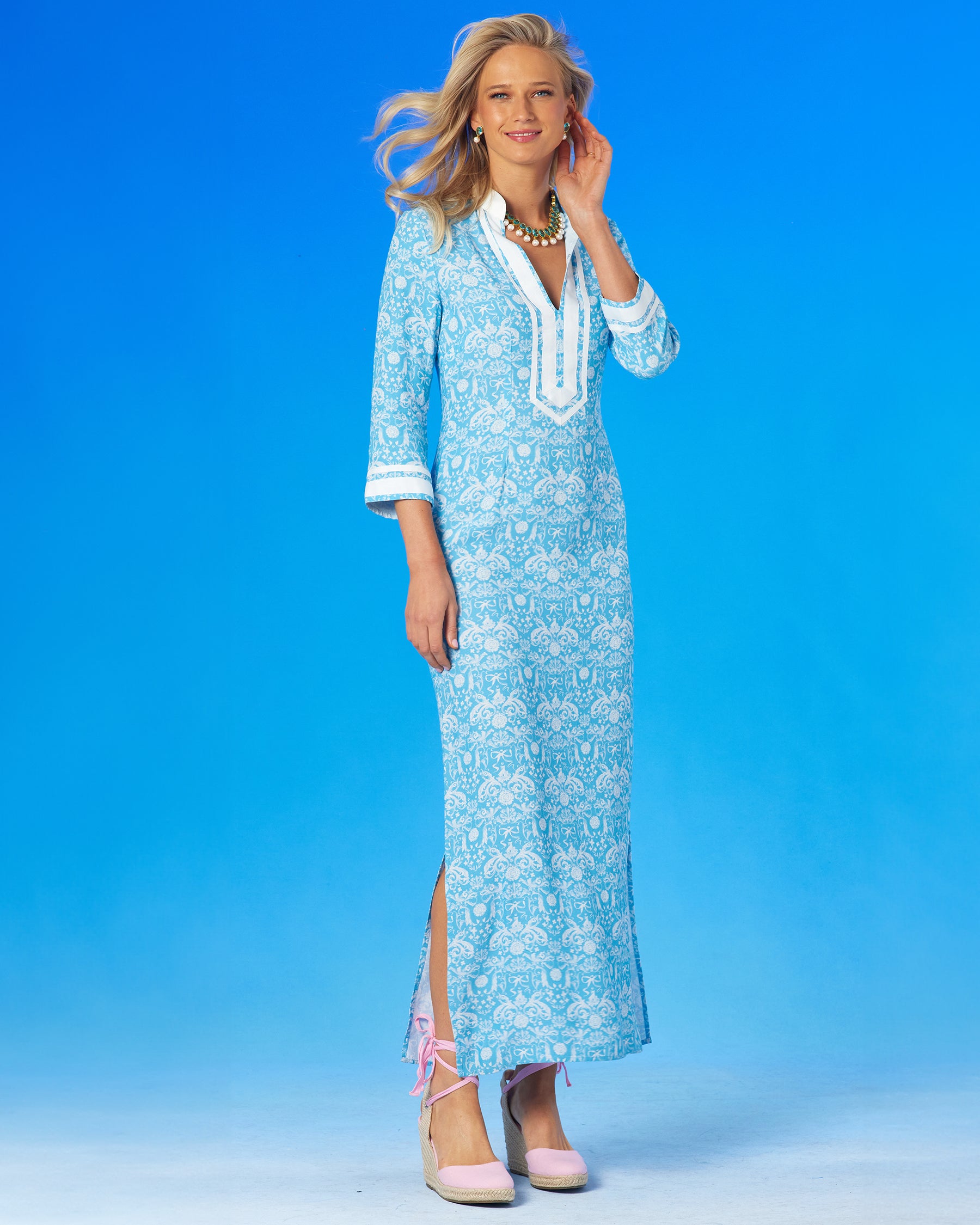 Capri Long Tunic Dress in Regency Porcelain Ribbons-Seide view showing side slit