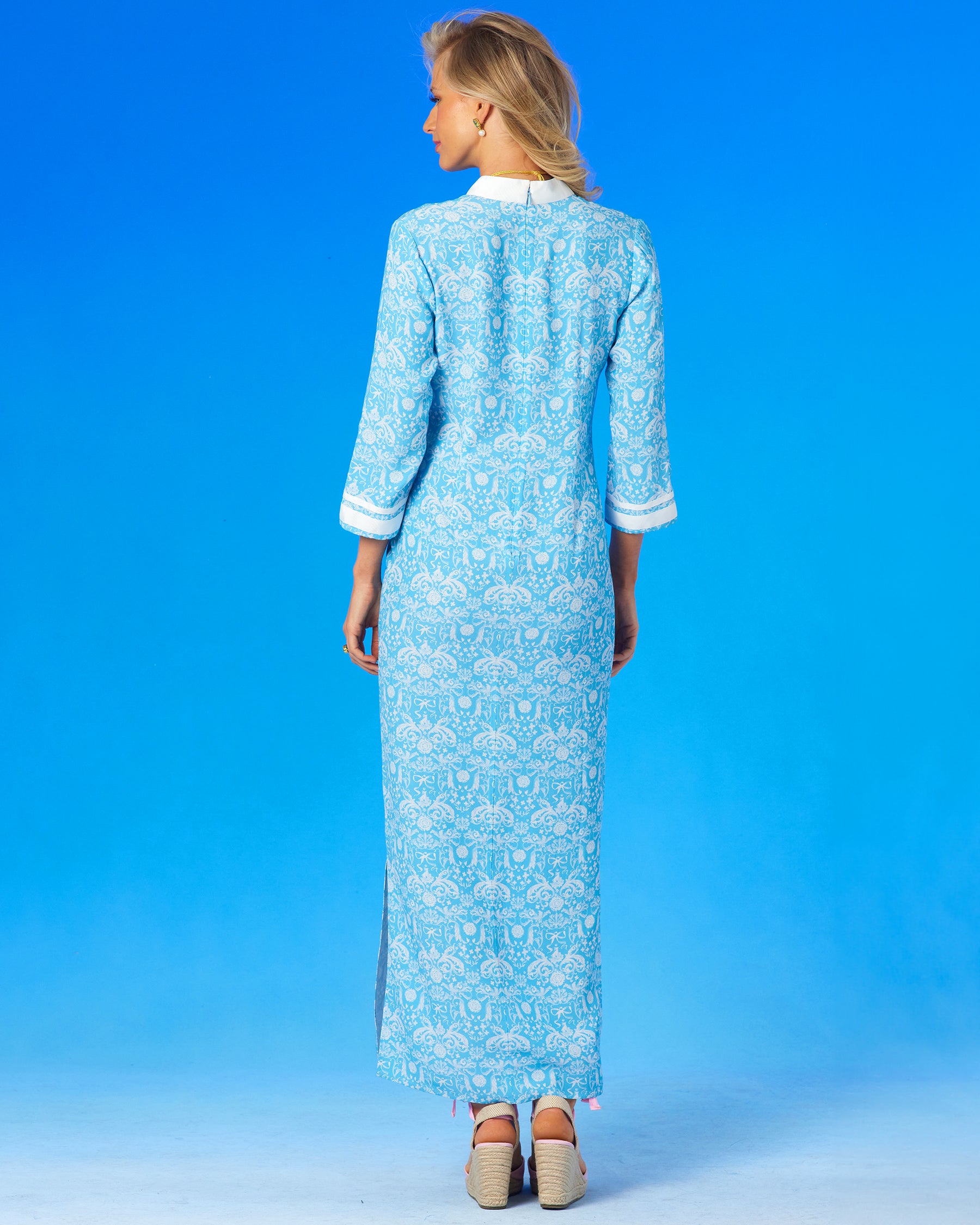 Capri Long Tunic Dress in Regency Porcelain Ribbons-back view