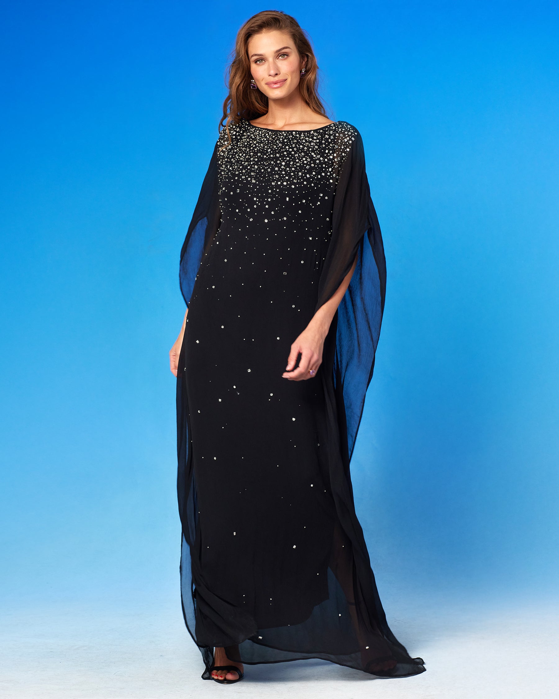 Luna Chiffon Kaftan in Rhinestones and Black front view