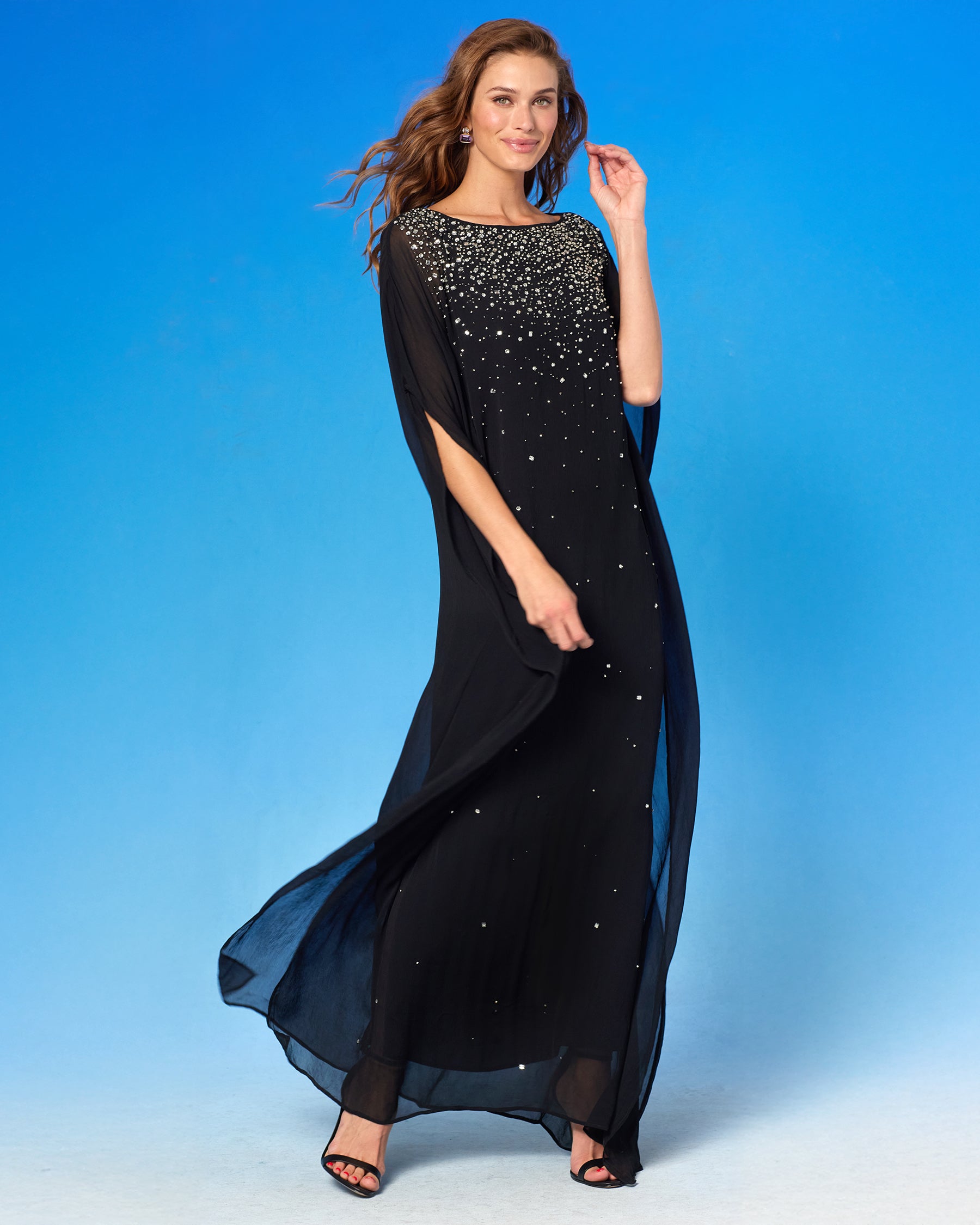Luna Chiffon Kaftan in Rhinestones and Black side view