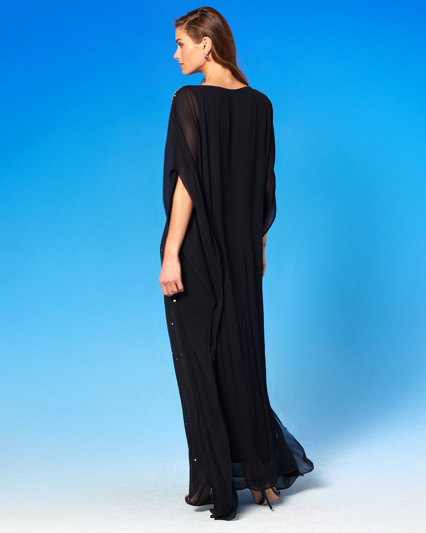 Luna Chiffon Kaftan in Rhinestones and Black back view