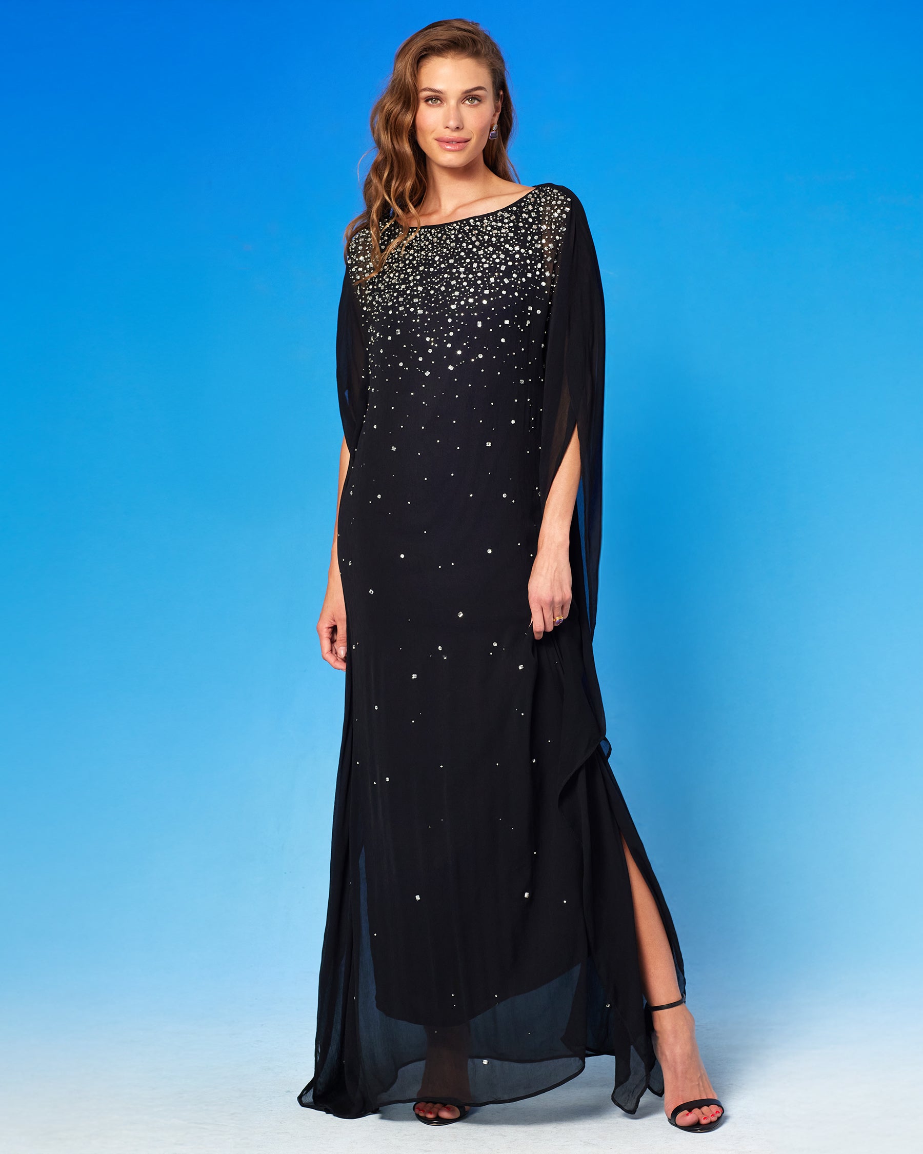 Luna Chiffon Kaftan in Rhinestones and Black front full view