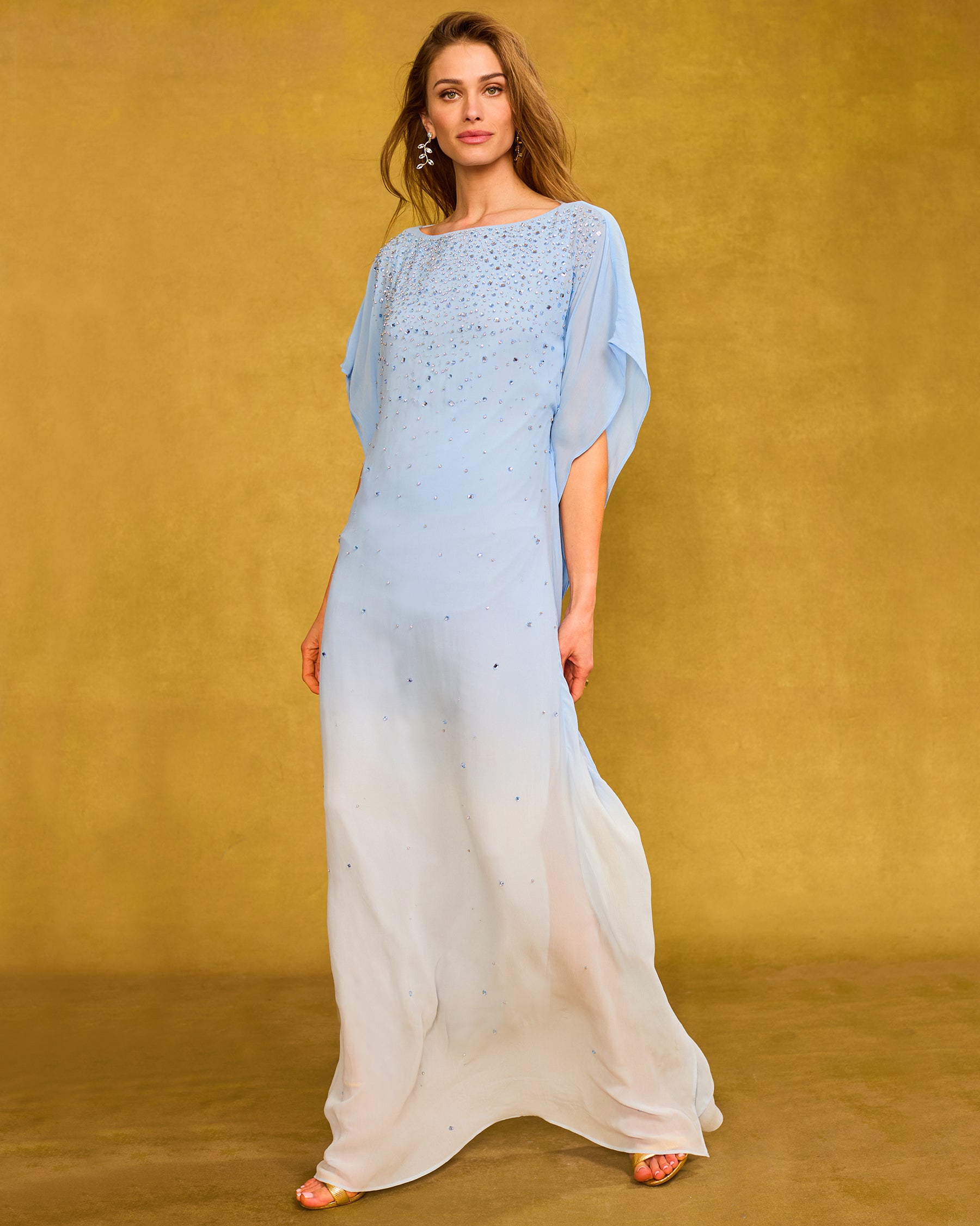 Luna Chiffon Kaftan in Pale Blue Ombre and Embellishment side view walking