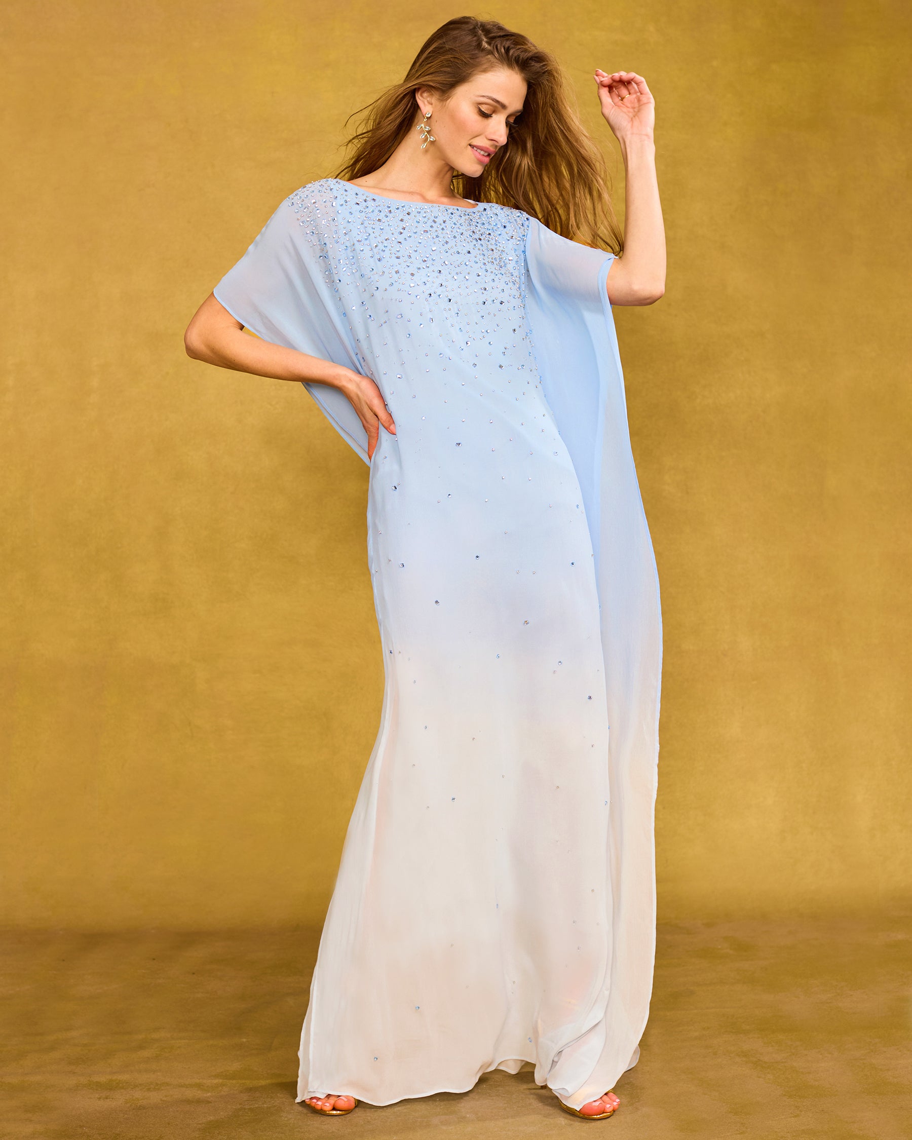 Luna Chiffon Kaftan in Pale Blue Ombre and Embellishment front view with arm up