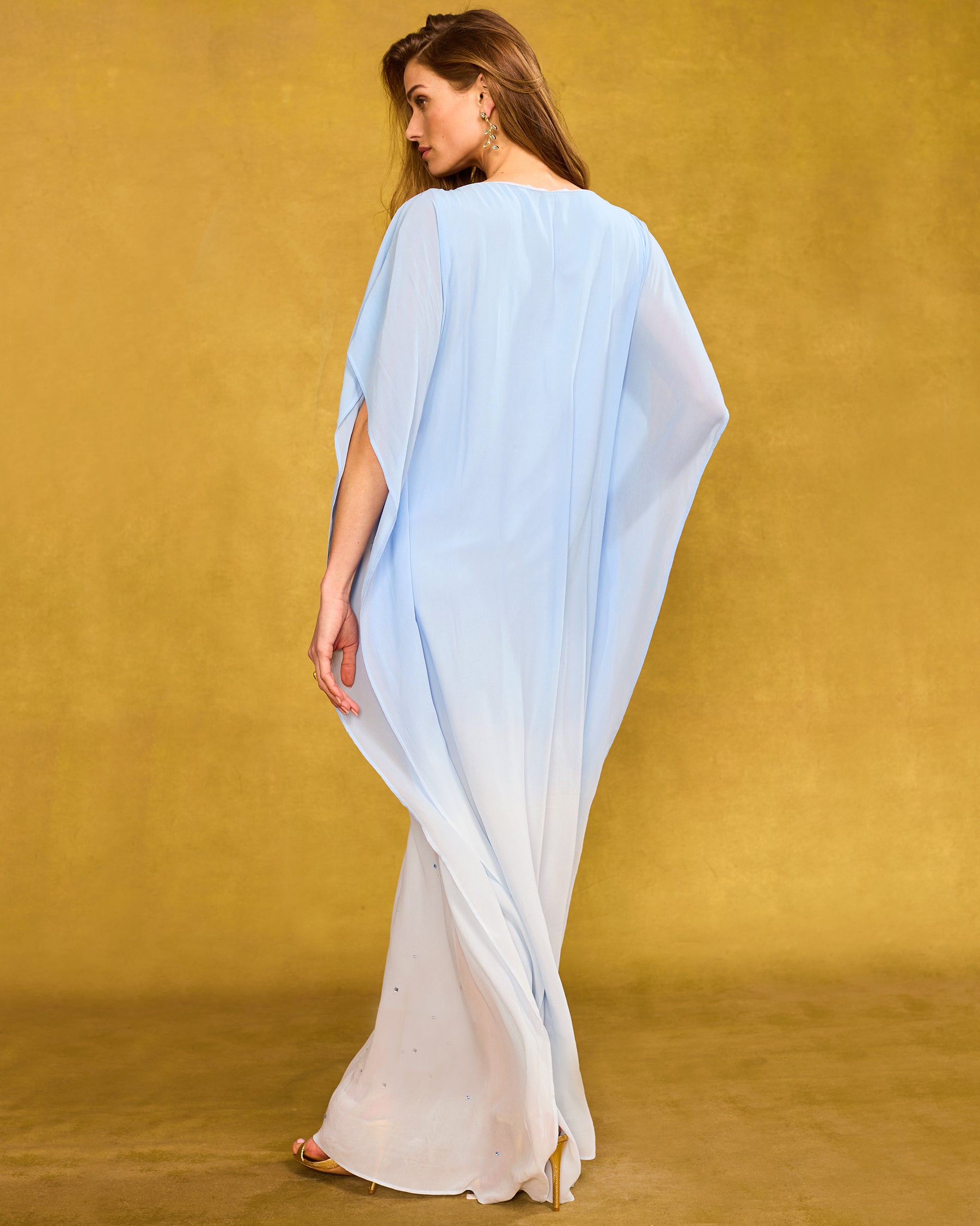 Luna Chiffon Kaftan in Pale Blue Ombre and Embellishment back view