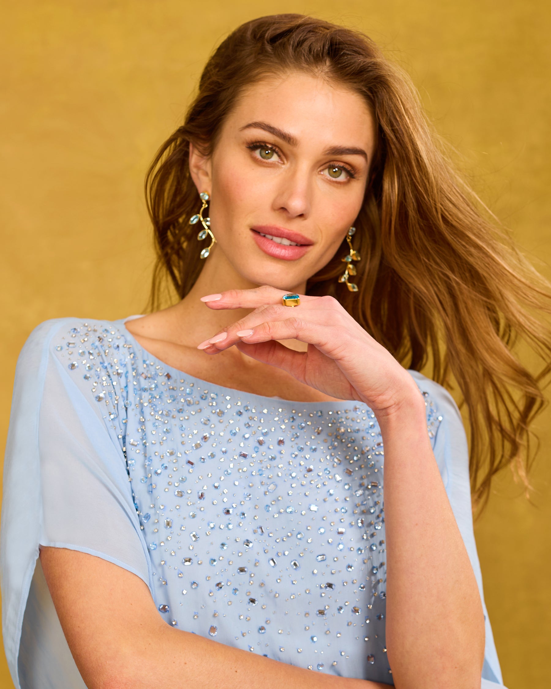Caitlin Crystal Blue Drop Earrings worn with the Luna Chiffon Kaftan in Pale Blue Ombre and Embellishment