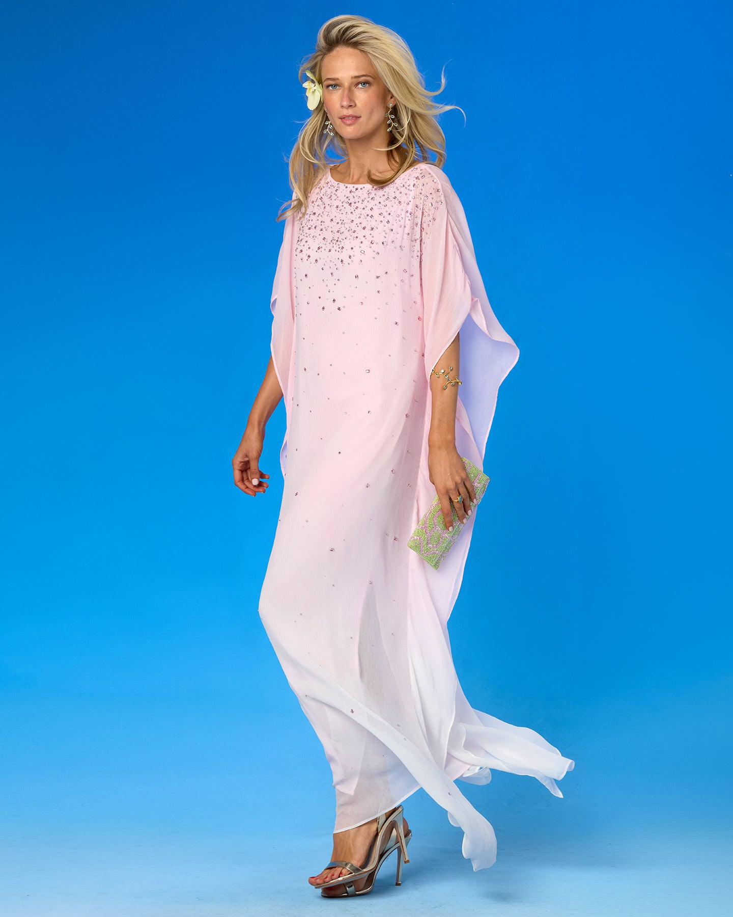 Luna Chiffon Kaftan in Pale Pink Ombre and Embellishment side view