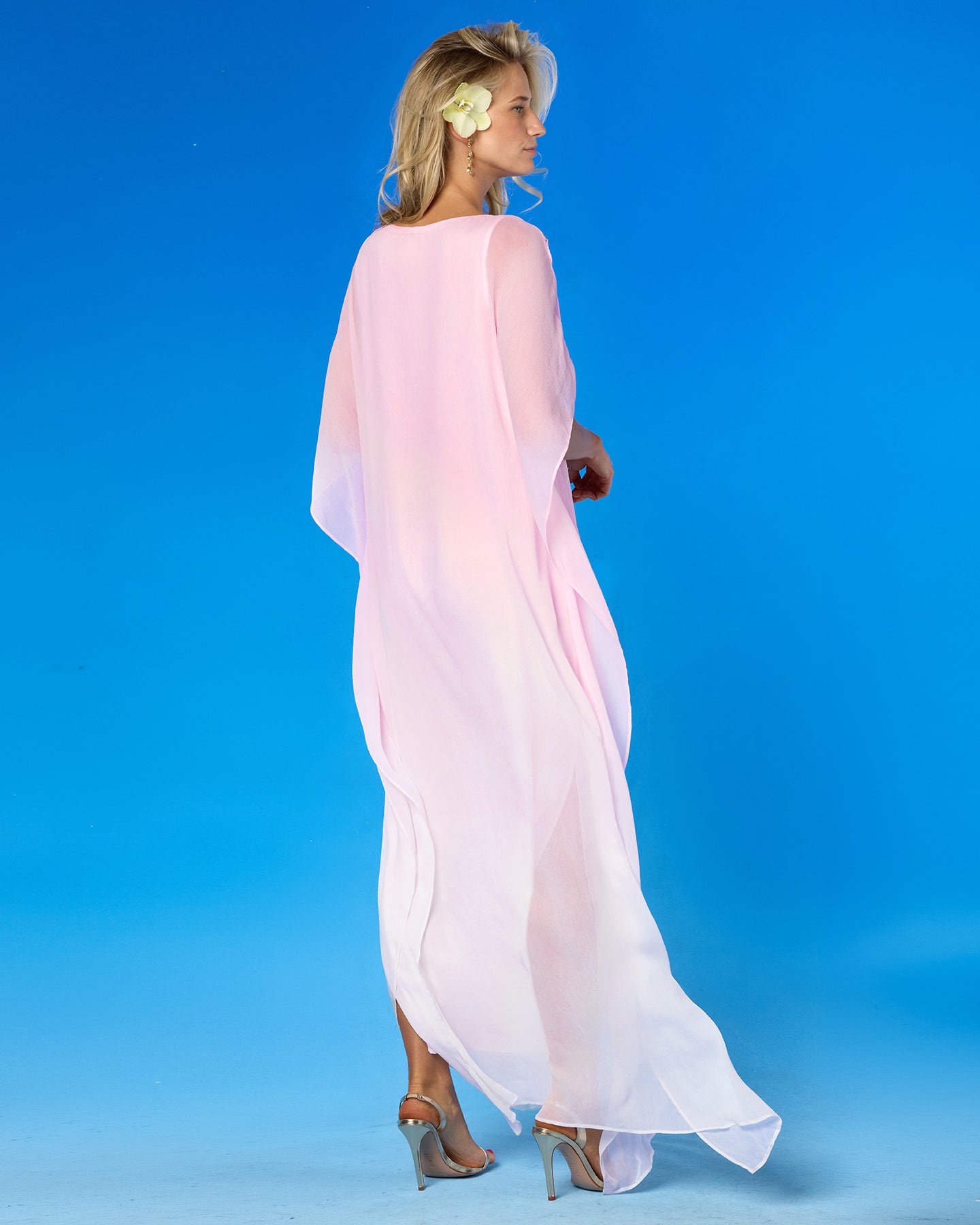 Luna Chiffon Kaftan in Pale Pink Ombre and Embellishment back view