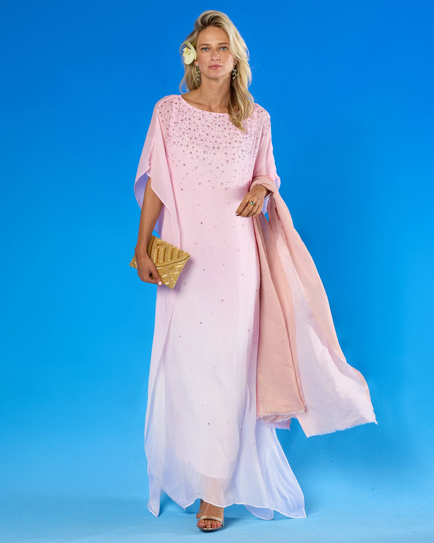 The Josephine Reversible Pashmina Shawl in Gold Shimmer Blush Pink worn with the Luna Chiffon Kaftan in Pale Pink Ombre and Embellishment