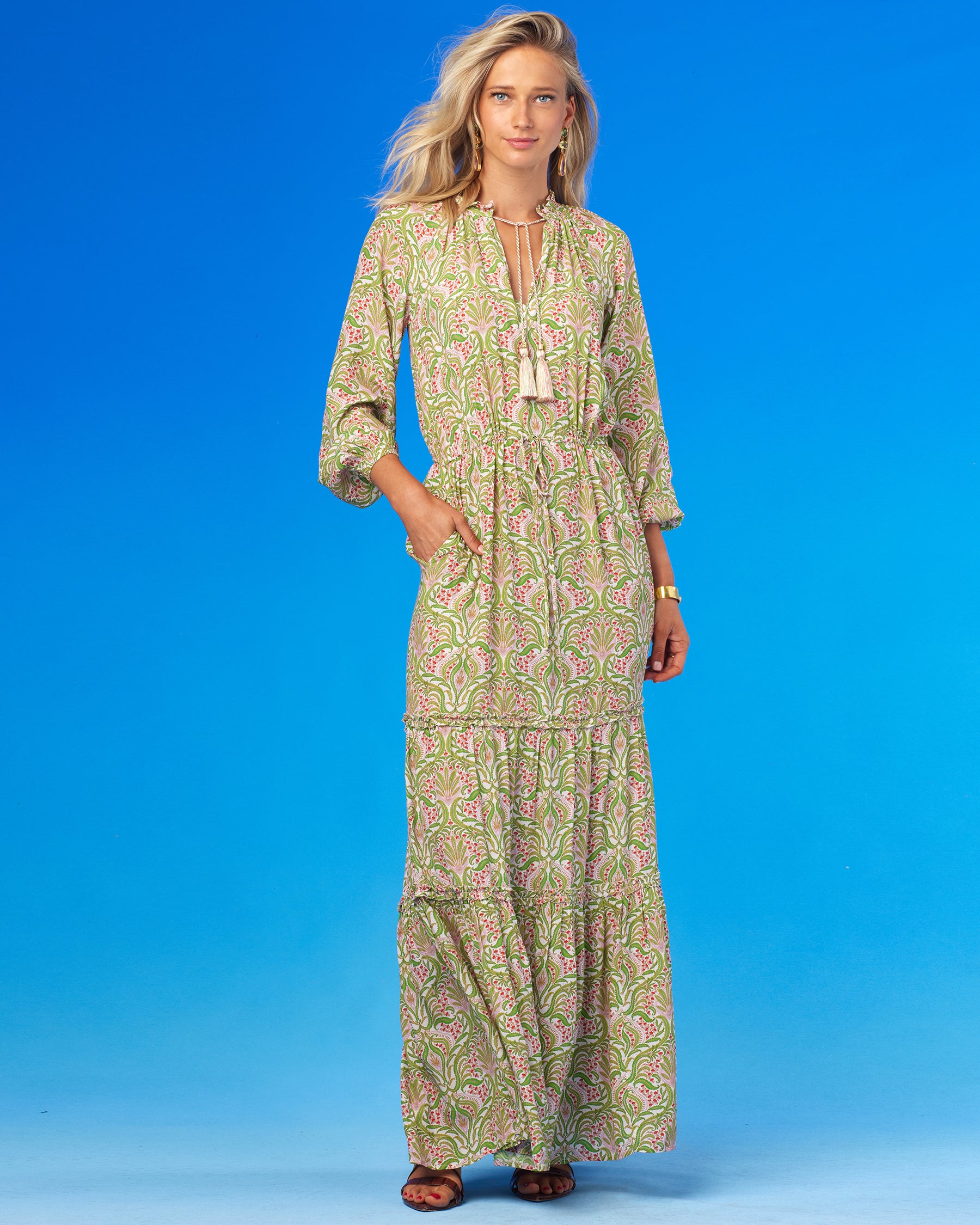 Mackenzie Ruffle Drawstring Maxi Dress in Delicate Ferns without belt