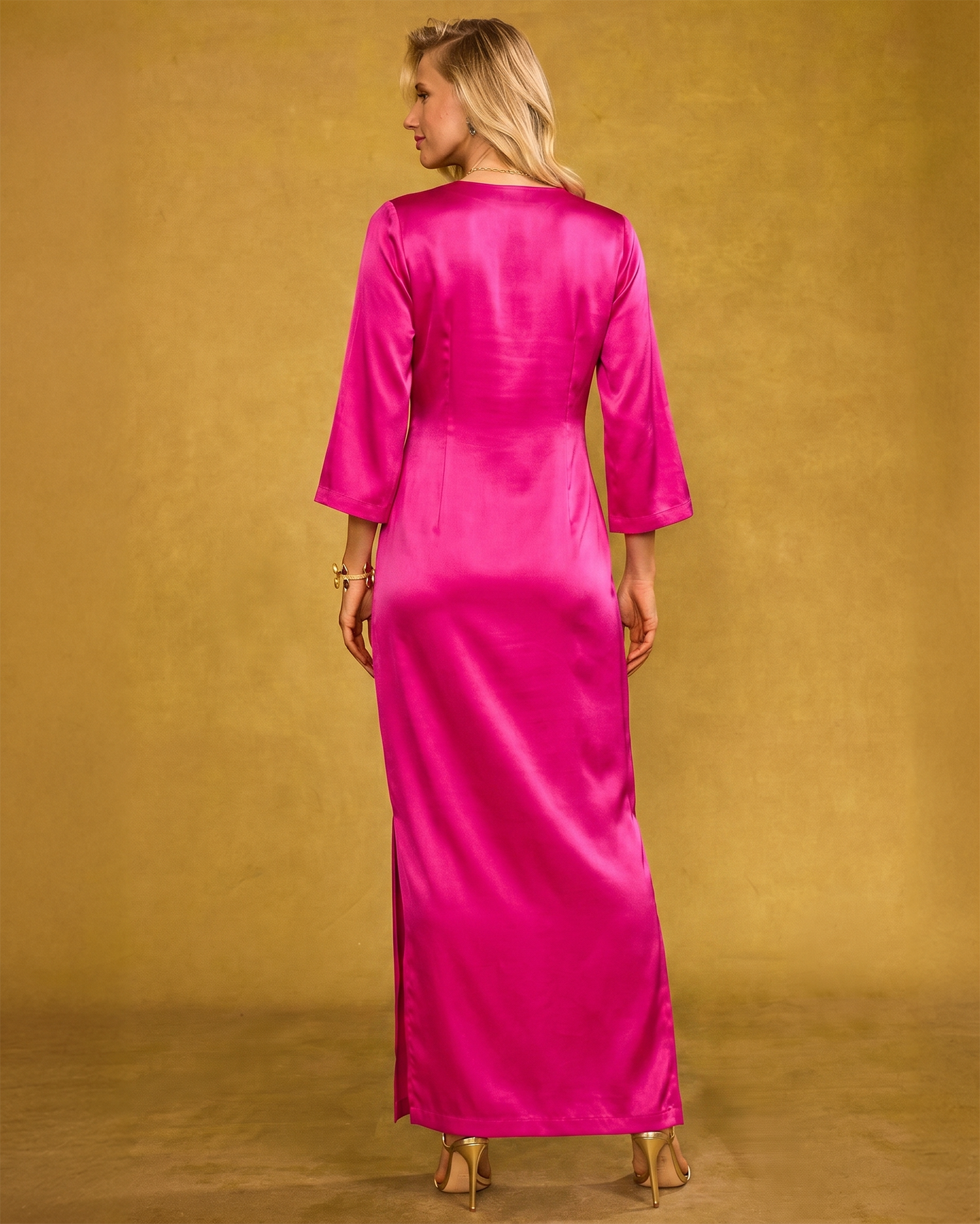 Majorelle Silk Dress in Majorelle Silk Dress in Fuchsia back view without belt