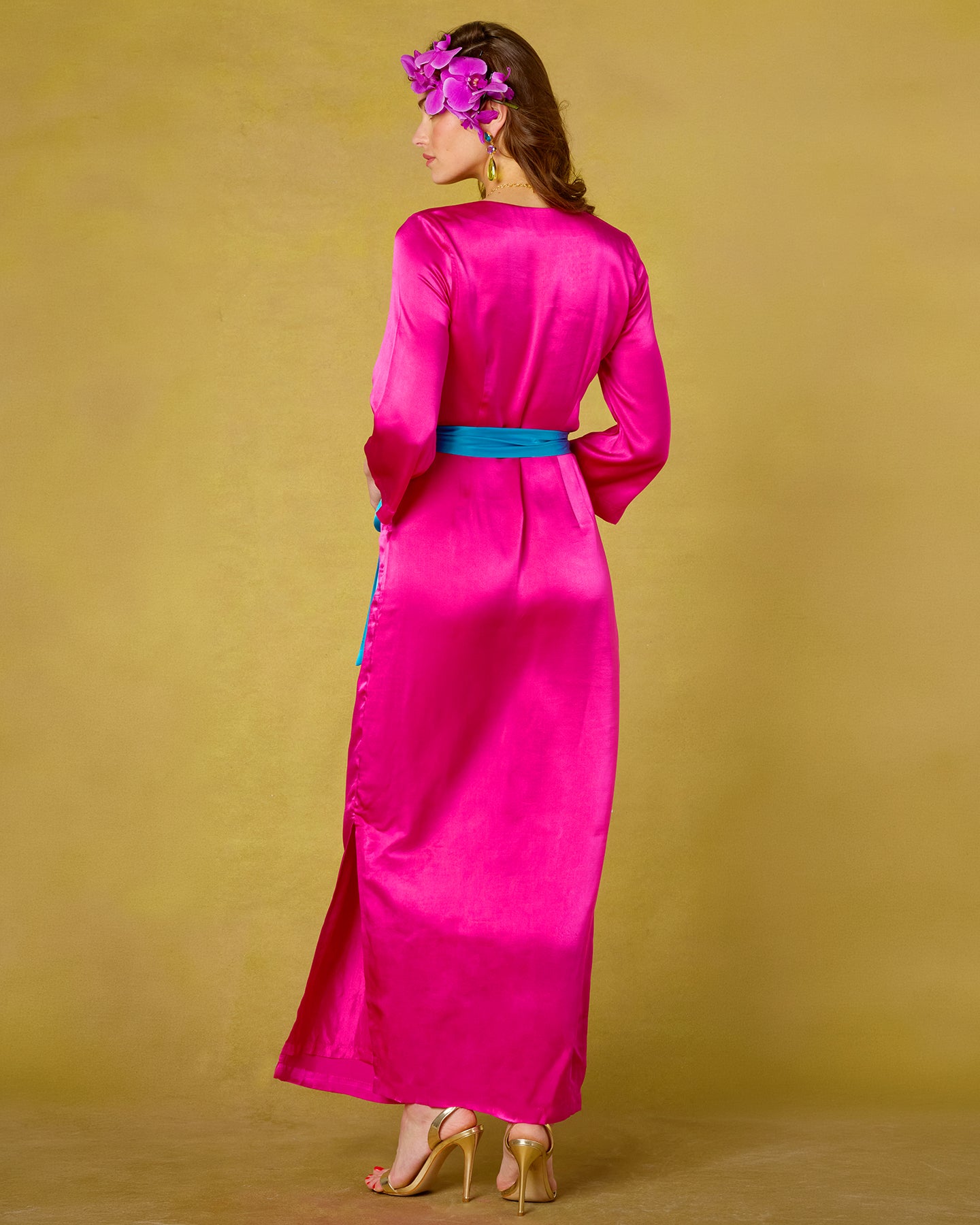 Majorelle Silk Dress in Majorelle Silk Dress in Fuchsia back view with belt