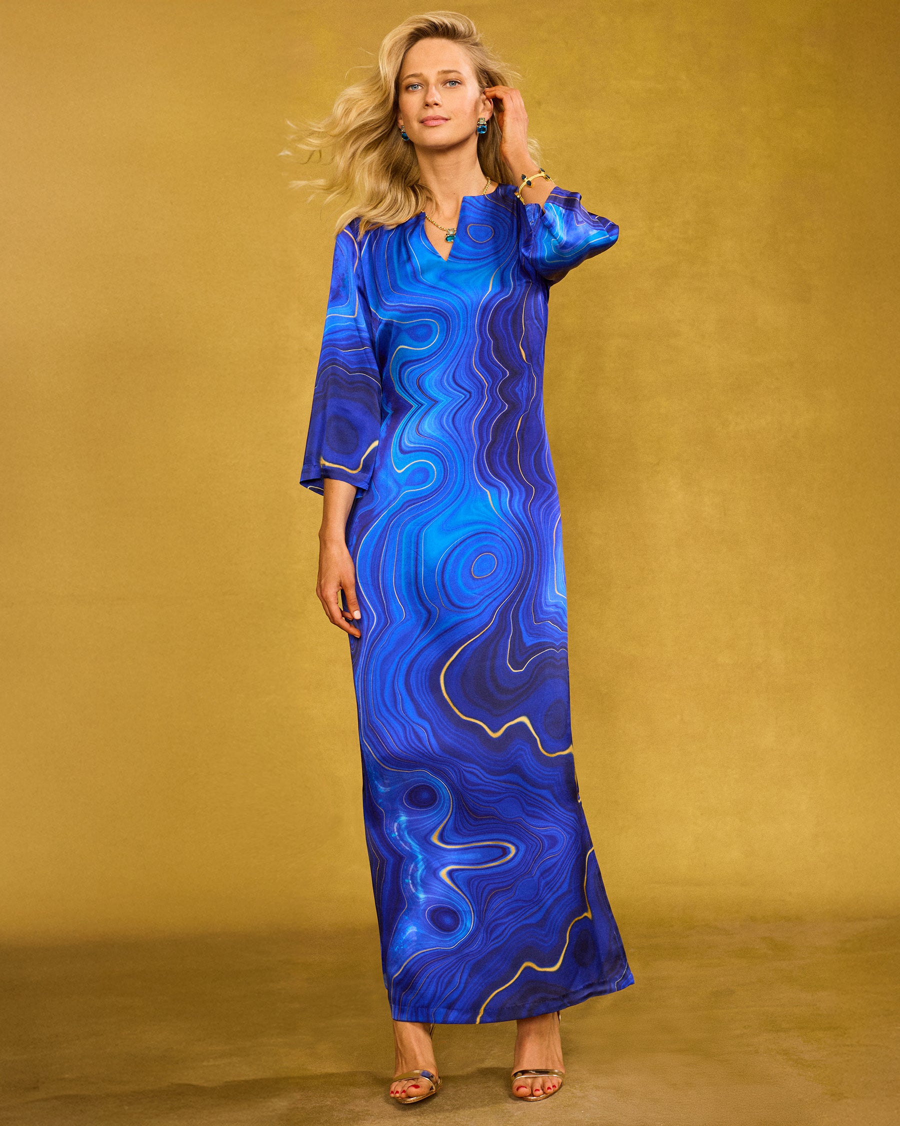 Majorelle Silk Dress in Lapis Lazuli front view with arm up
