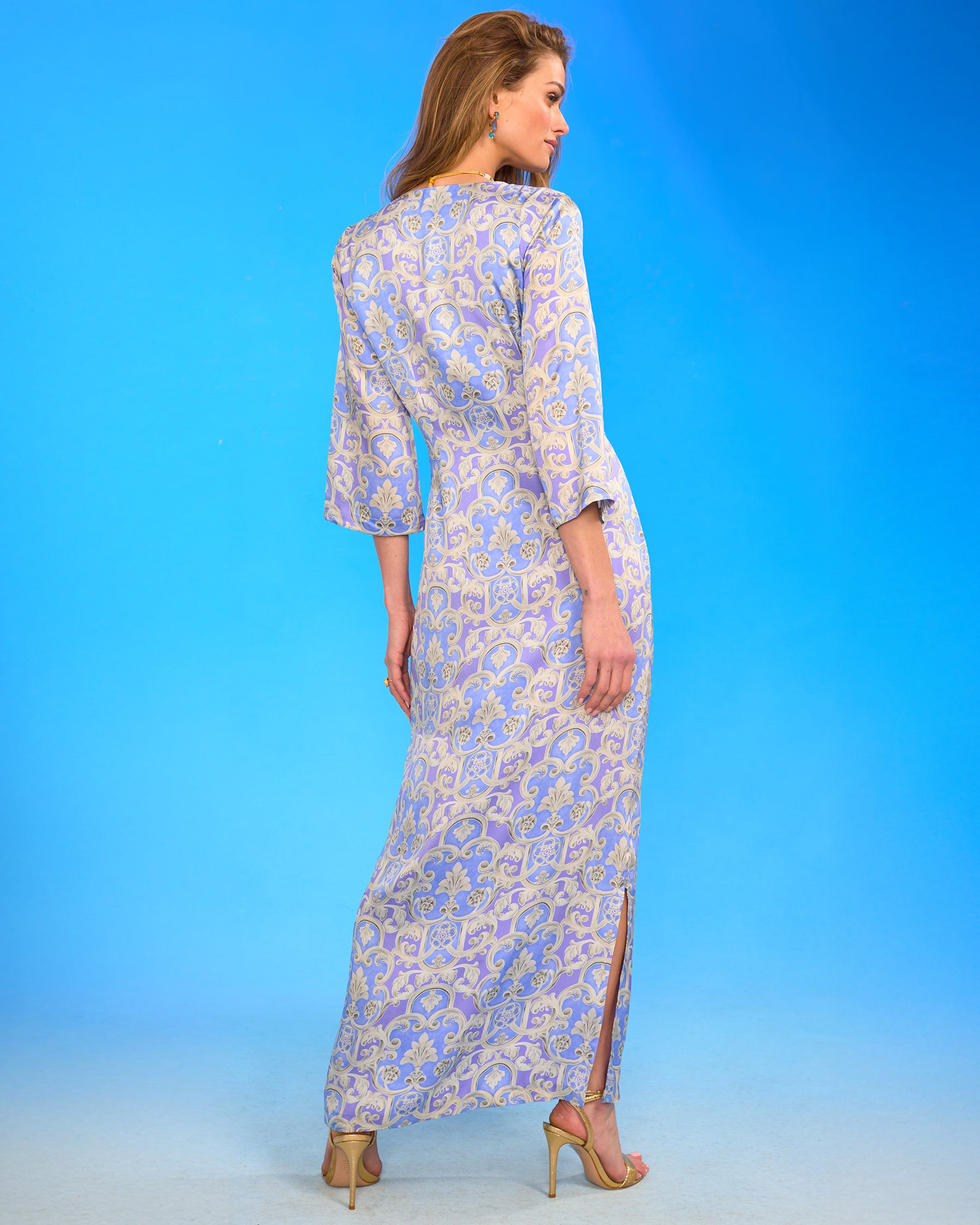 Majorelle Silk Dress in Lavender Baroque Floral back view