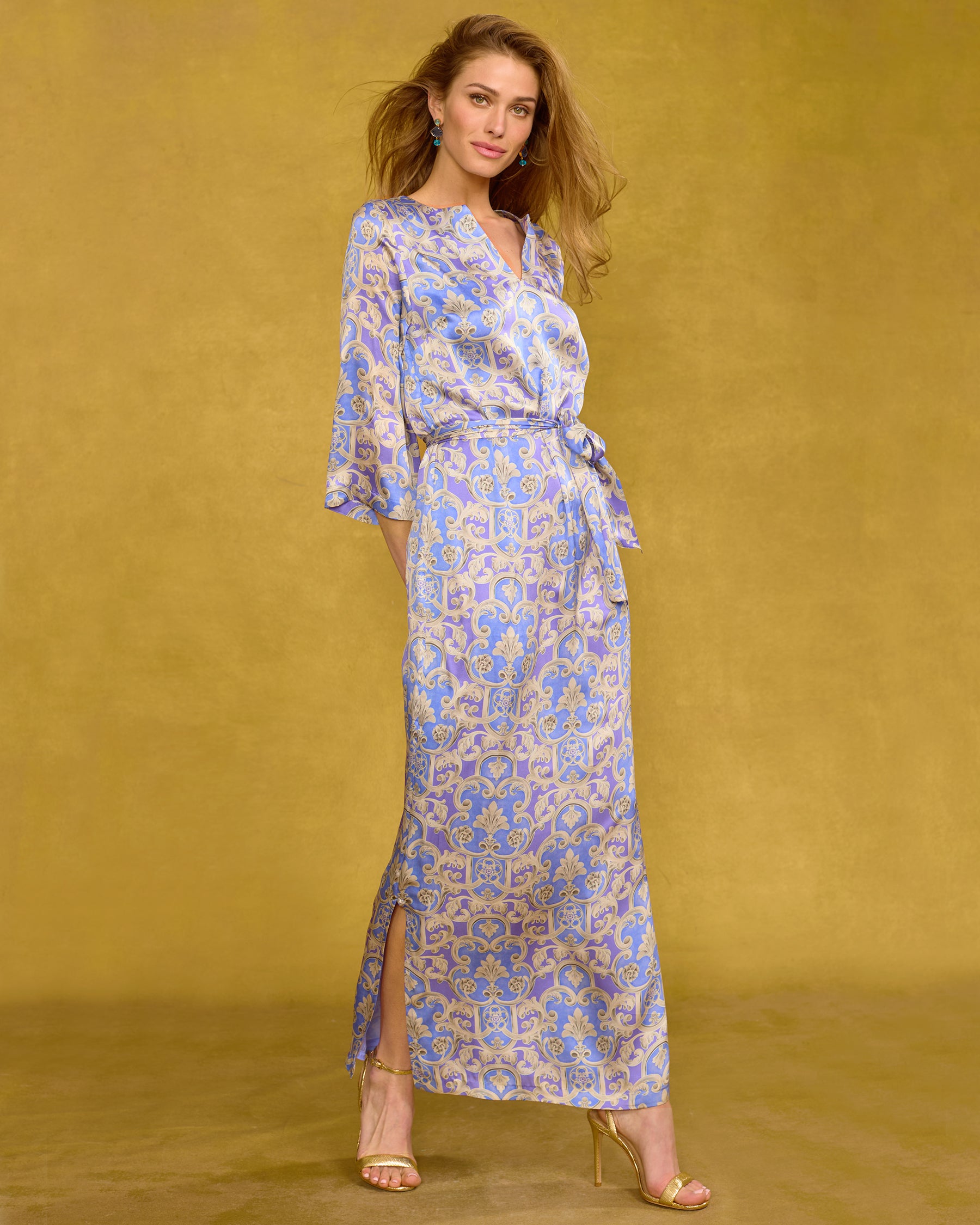 Majorelle Silk Dress in Lavender Baroque Floral side view walking