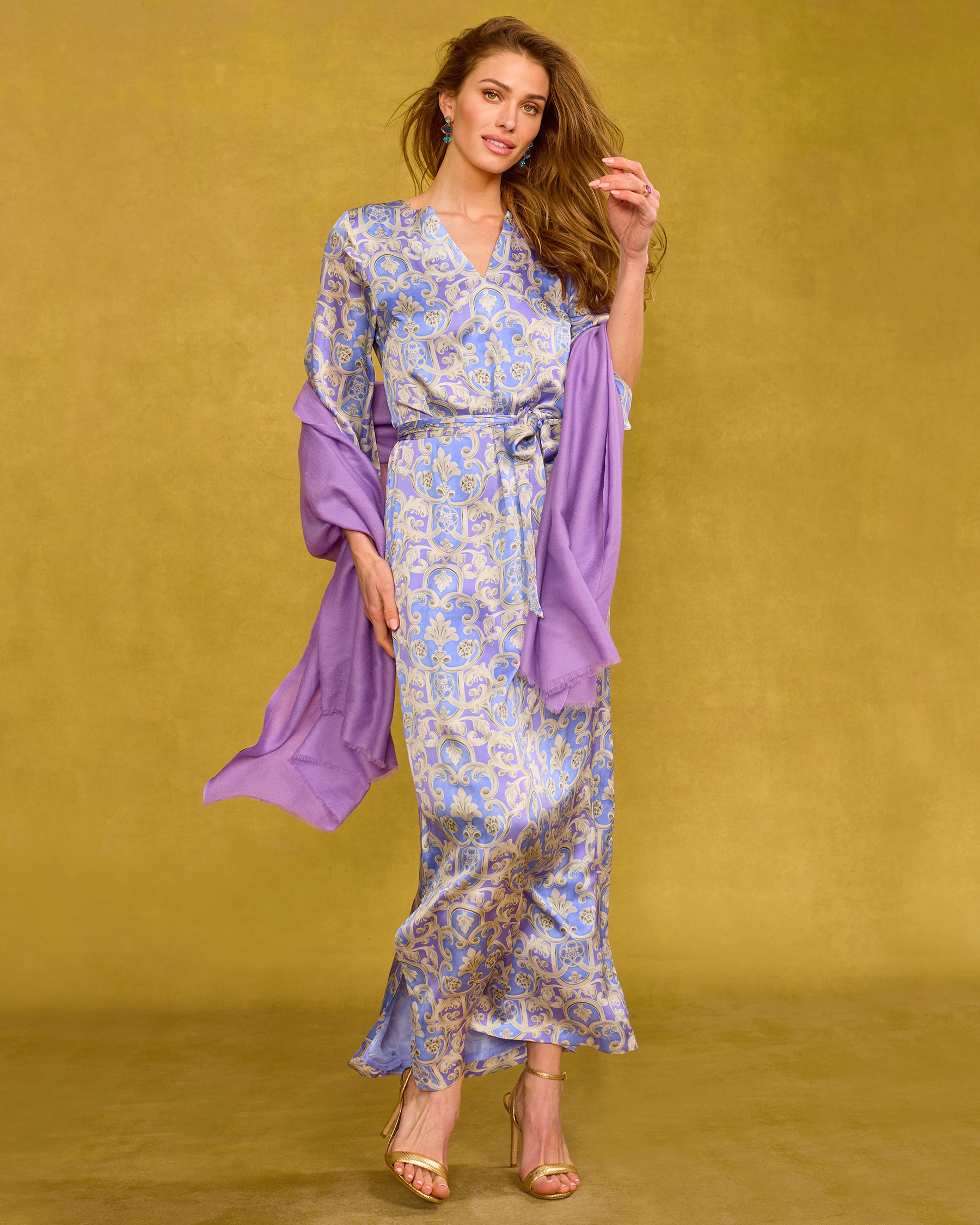 Majorelle Silk Dress in Lavender Baroque Floral with the Josephine Pashmina Cashmere Shawl