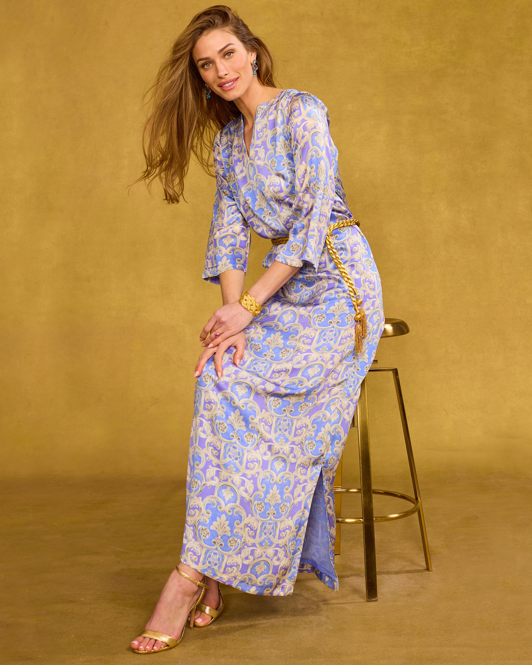 Majorelle Silk Dress in Lavender Baroque Floral sitting