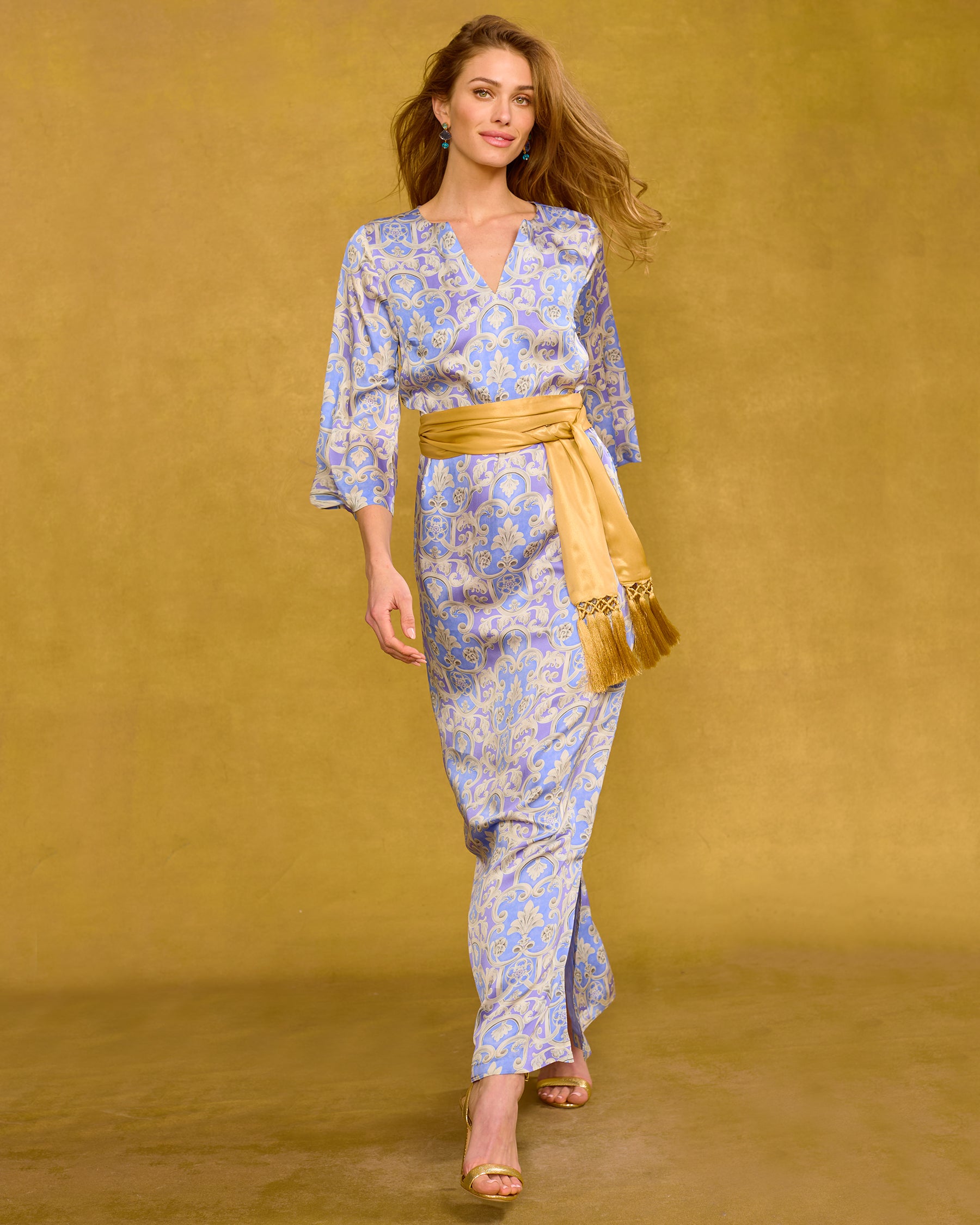 Majorelle Silk Dress in Lavender Baroque Floral front view walking