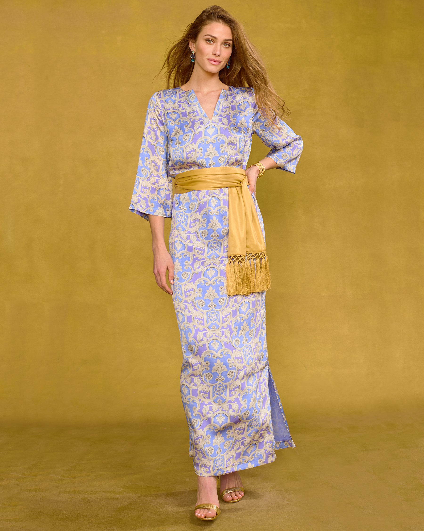 Majorelle Silk Dress in Lavender Baroque Floral with the waist cinched with a Cosima Sash Belt