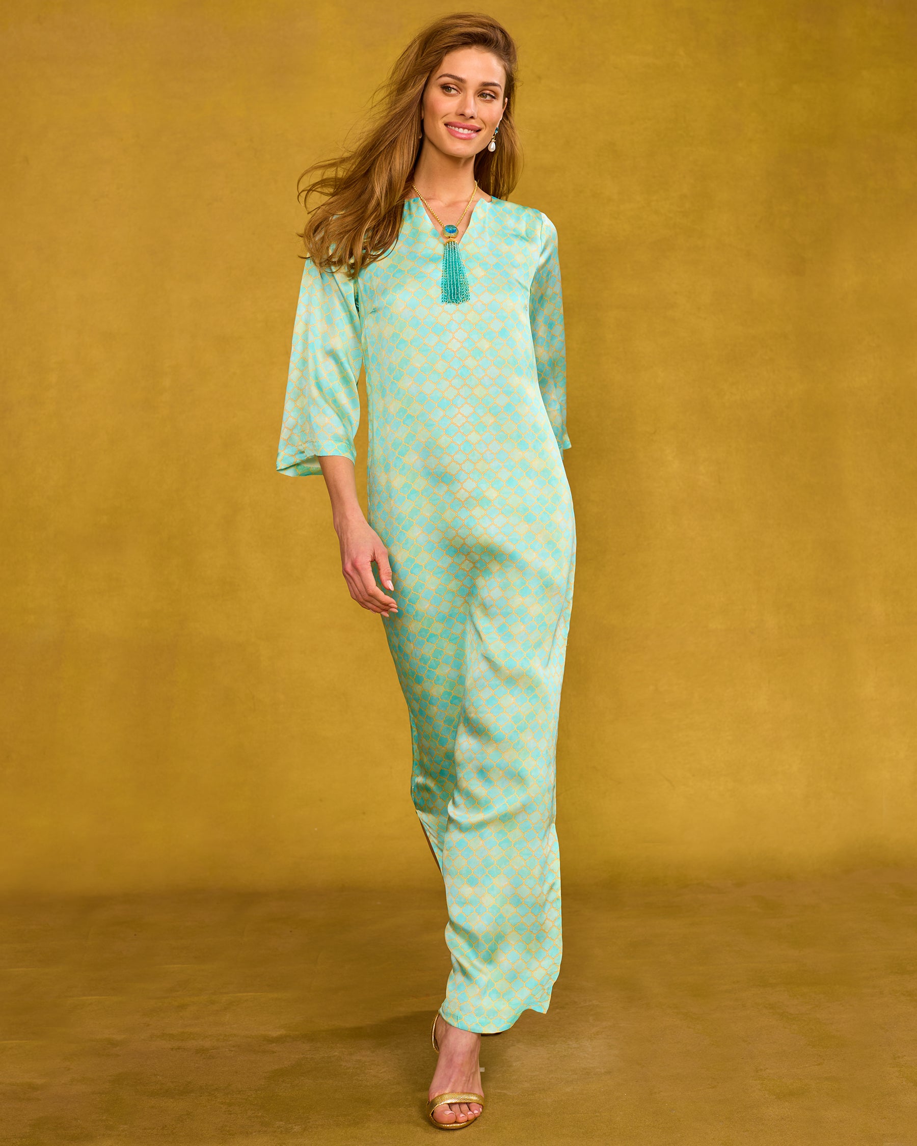 Majorelle Silk Dress in Mint Julep Alhambra front view walking