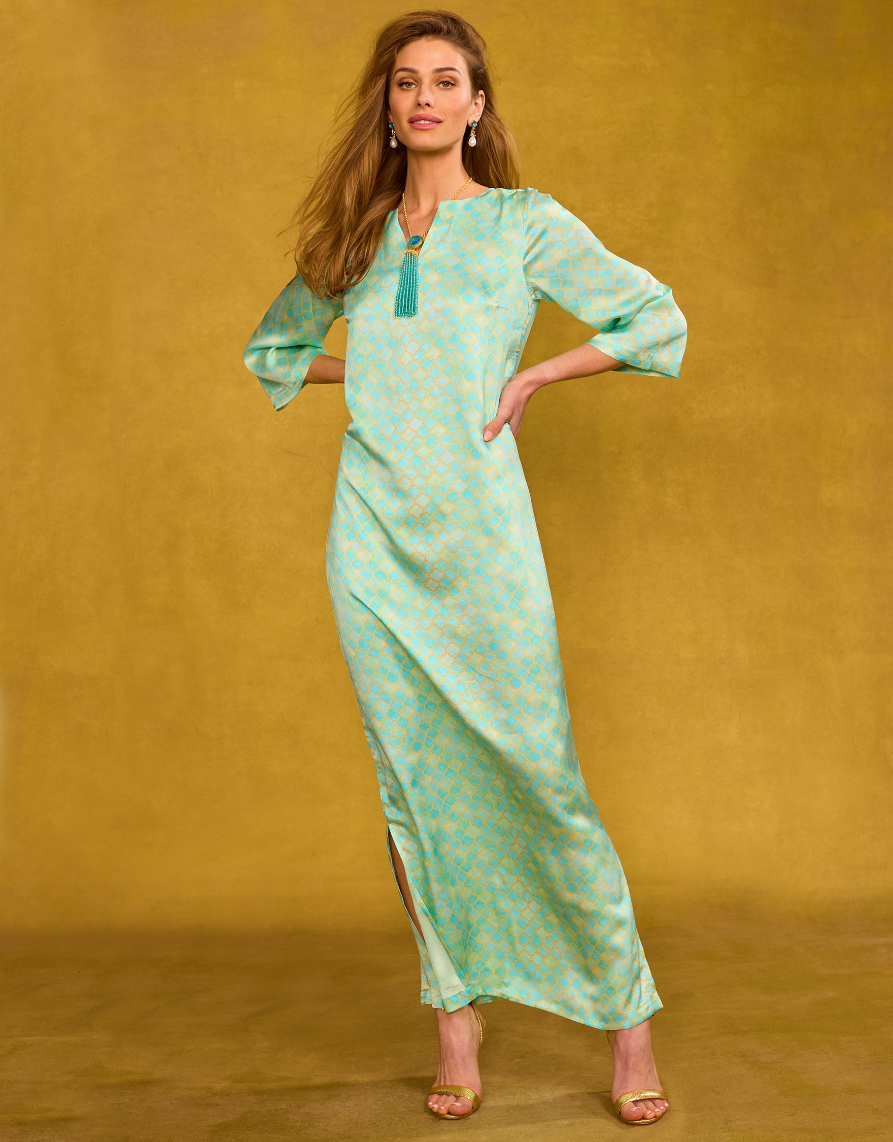 Majorelle Silk Dress in Mint Julep Alhambra hands on hips