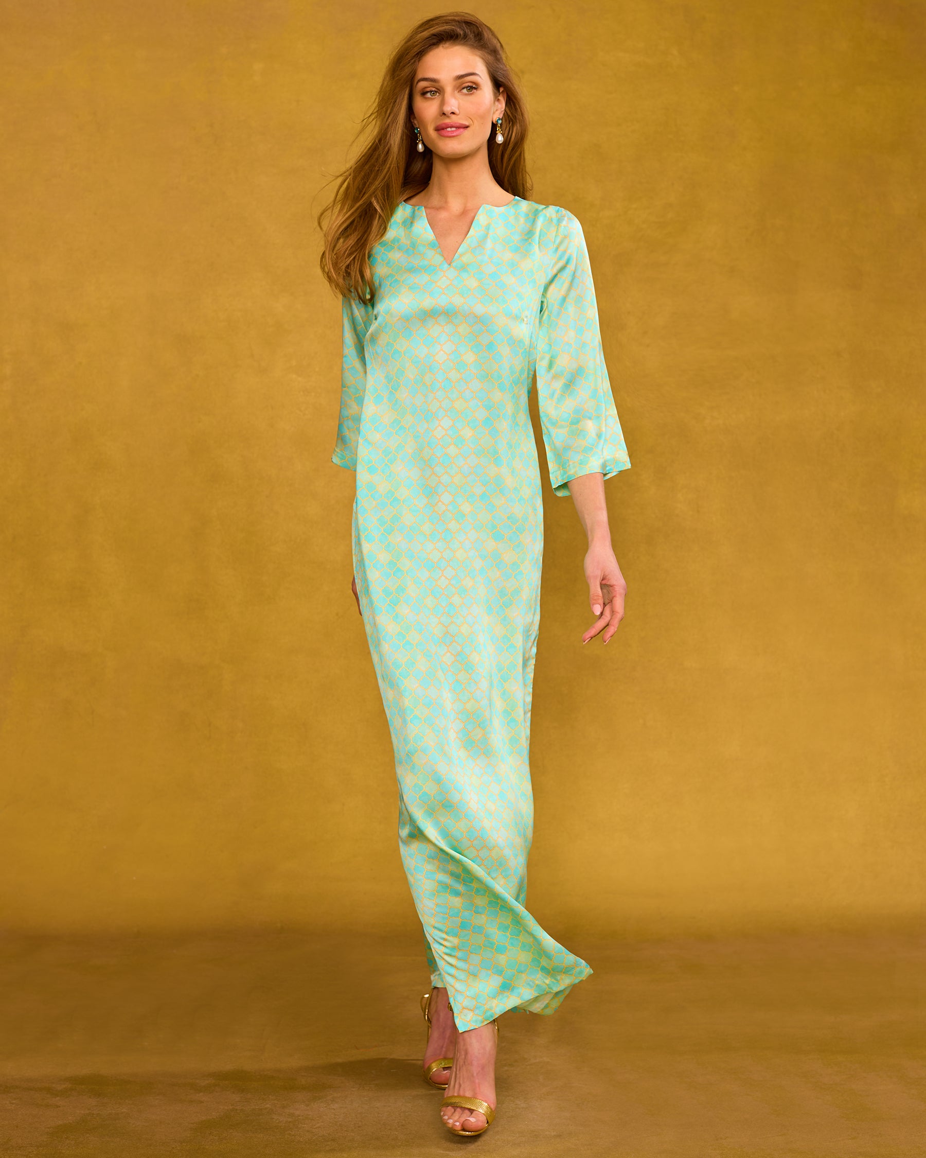 Majorelle Silk Dress in Mint Julep Alhambra front view without belt